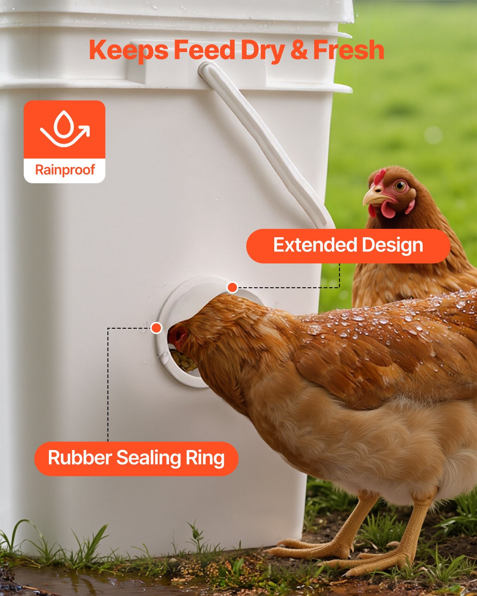 Efficient DIY Chicken Feeder Kit with 4 No-Waste Ports, Rainproof Cover, Gravity Feed, Steel Hole Saw, for Buckets & Bins, Keeps Feed Dry