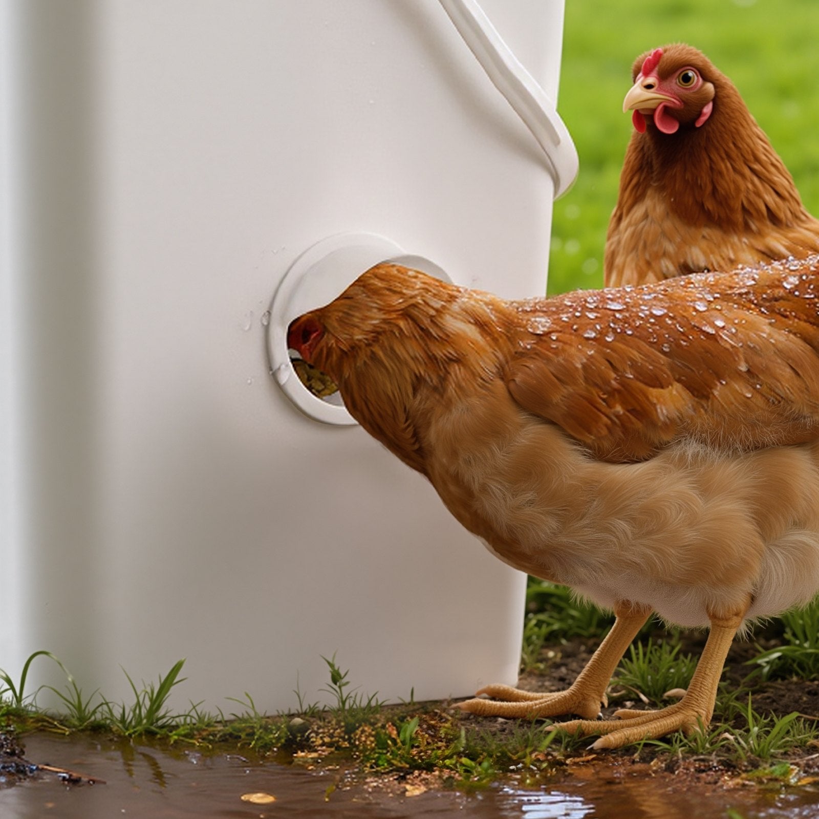 Efficient DIY Chicken Feeder Kit with 4 No-Waste Ports, Rainproof Cover, Gravity Feed, Steel Hole Saw, for Buckets & Bins, Keeps Feed Dry