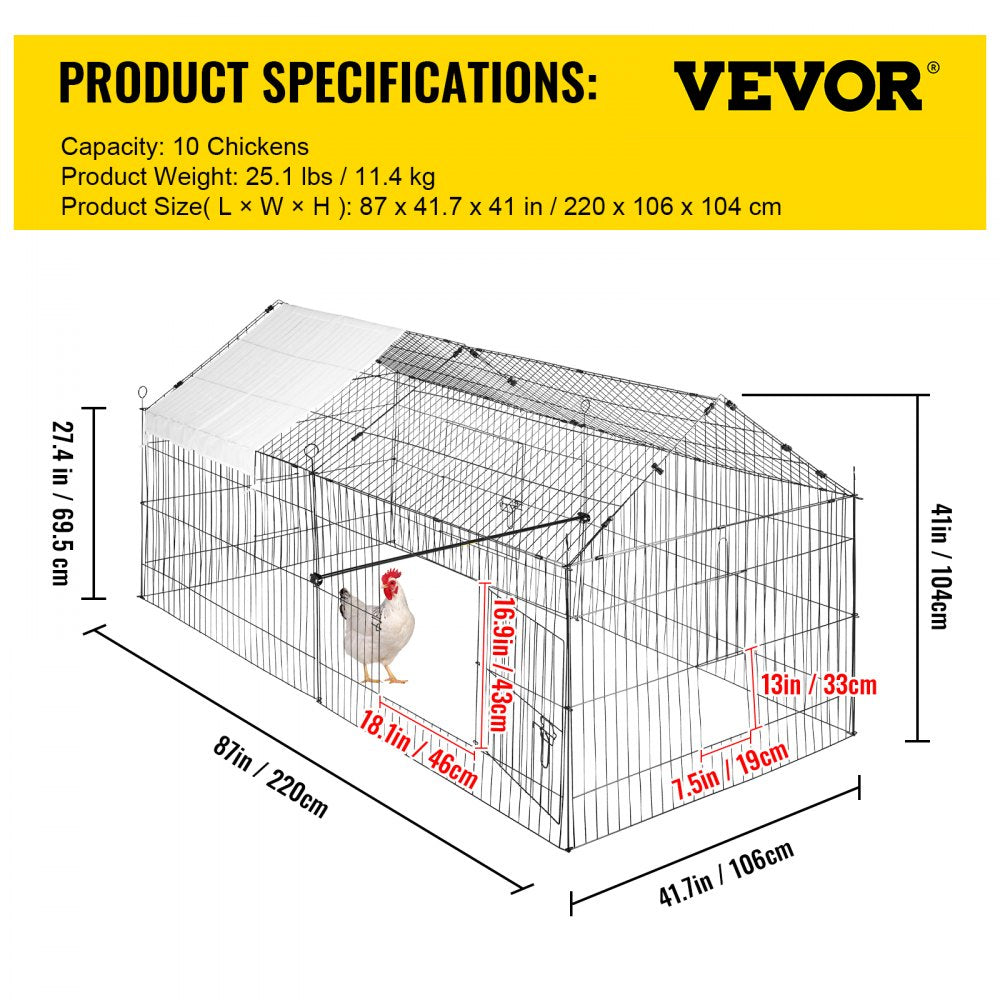 VEVOR Chicken Coop, 87" x 41.7" x 41", Rabbit Run Enclosure Pen with Waterproof and Sun-proof Cover for Outdoor, Indoor, Backyard, and Farm, Metal Pet Playpen Cage for Small Animals, Duck, Hen
