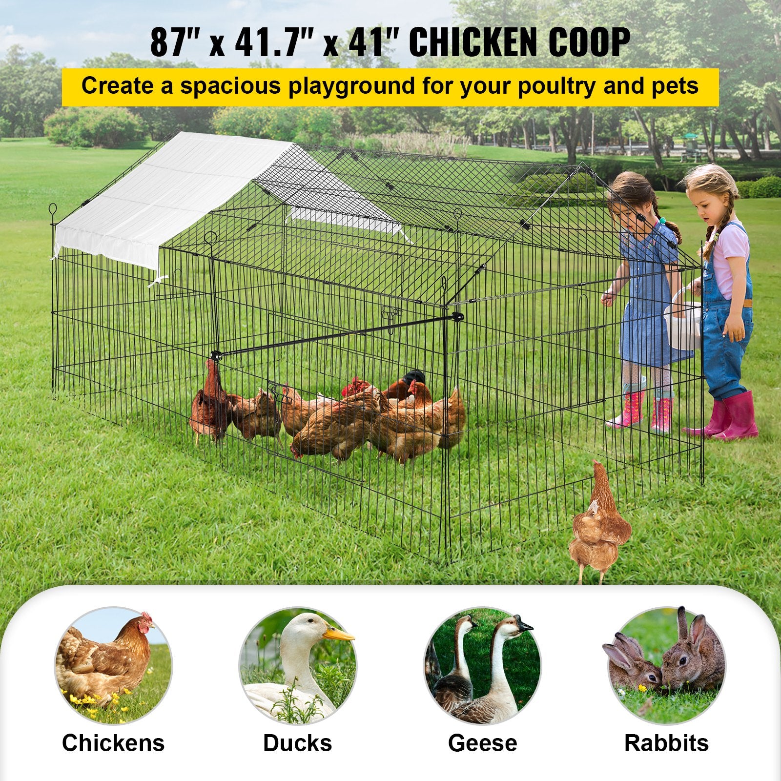Spacious 87" Metal Chicken Coop & Rabbit Run with Weatherproof Cover, Secure Pet Playpen Cage for Small Animals, Ducks, Hens, Outdoor & Indoor Use