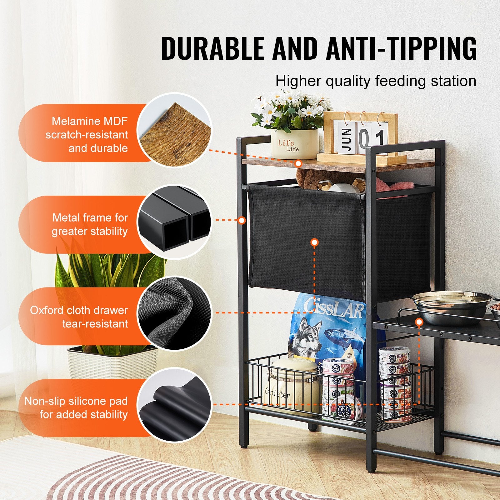 Elevated Pet Feeding Station with Storage Shelves, Dog Bowl Stand, Food and Toy Organizer for All Dog Sizes, Durable and Easy to Clean