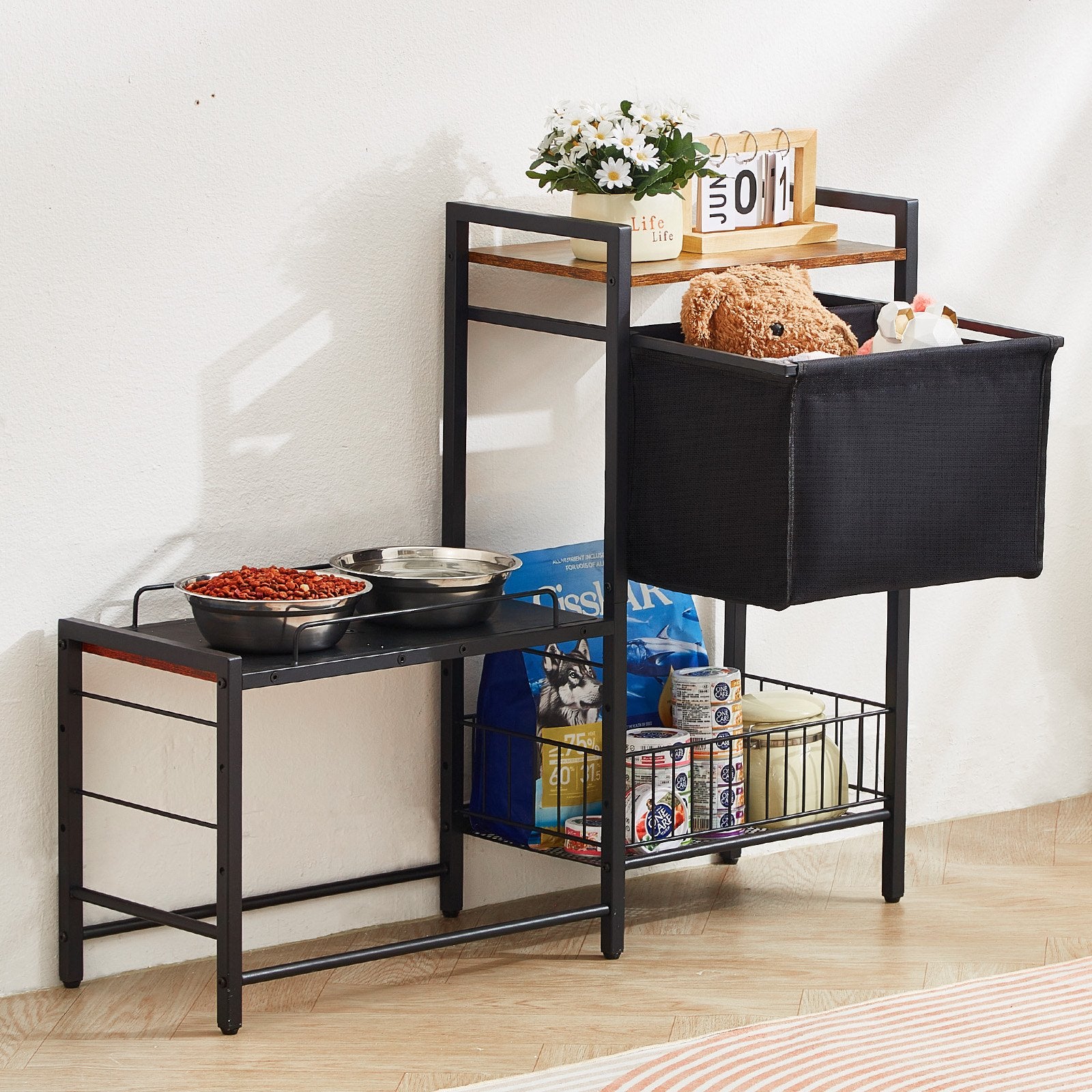 Elevated Pet Feeding Station with Storage Shelves, Dog Bowl Stand, Food and Toy Organizer for All Dog Sizes, Durable and Easy to Clean