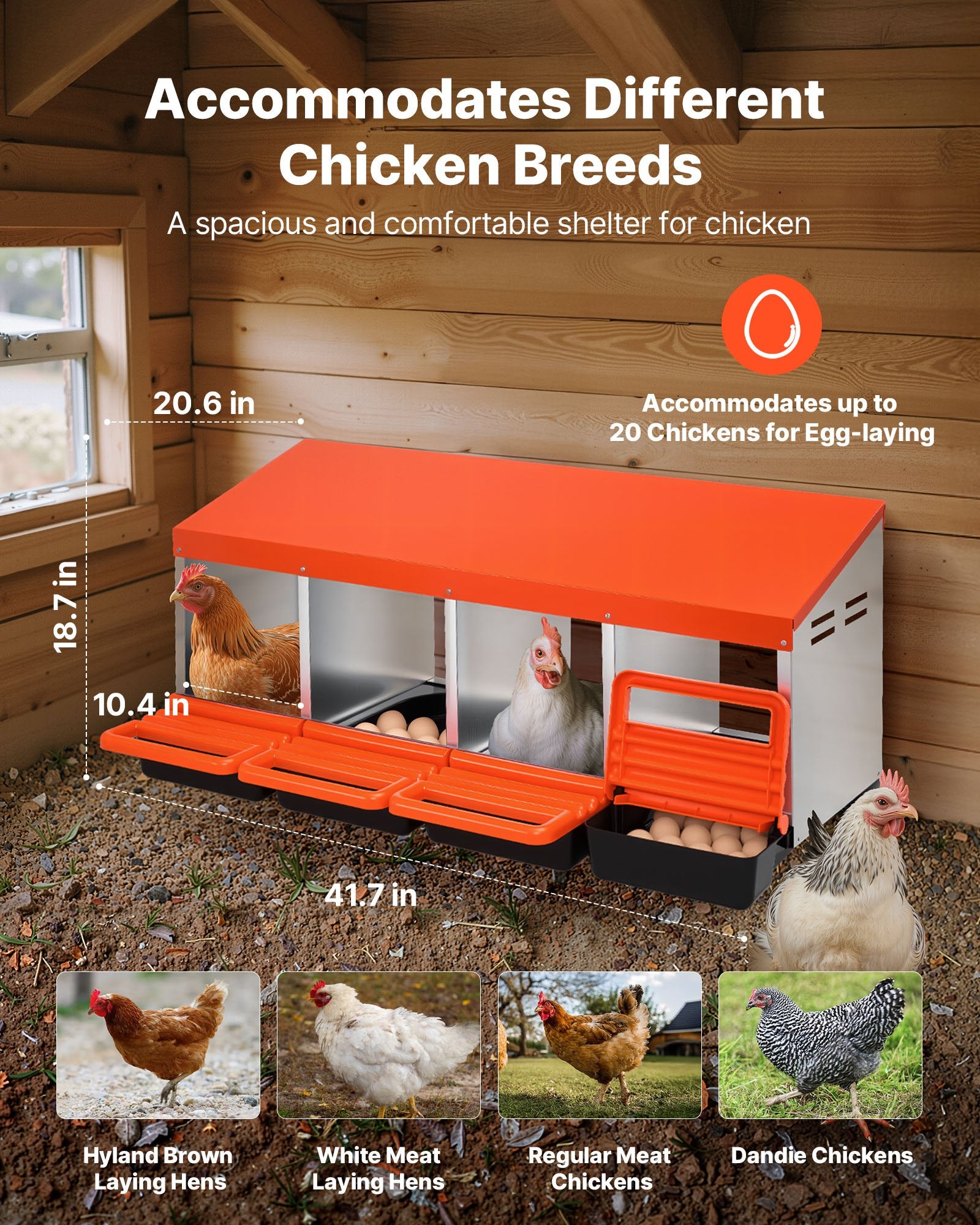 4-Compartment Chicken Nest Box, Stable & Corrosion-Resistant Metal Design with Inclined Nesting, Bottom Holes & Resting Platform for Various Breeds, Easy to Clean & Install, Automatic Egg Collection, Premium Galvanized Steel