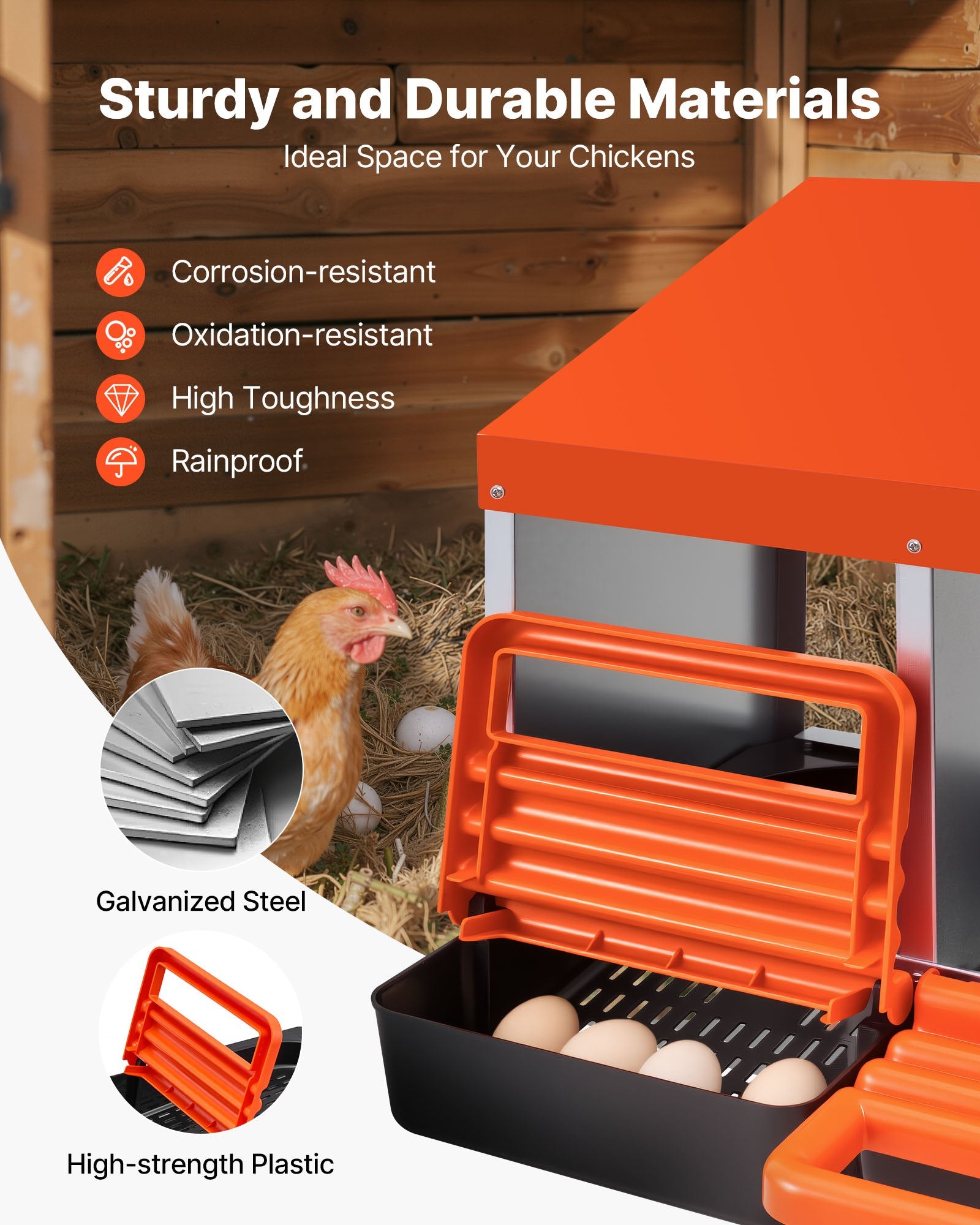 4-Compartment Chicken Nest Box, Stable & Corrosion-Resistant Metal Design with Inclined Nesting, Bottom Holes & Resting Platform for Various Breeds, Easy to Clean & Install, Automatic Egg Collection, Premium Galvanized Steel