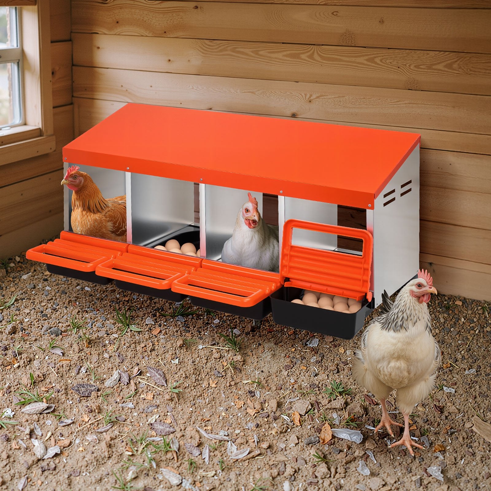 4-Compartment Chicken Nest Box, Stable & Corrosion-Resistant Metal Design with Inclined Nesting, Bottom Holes & Resting Platform for Various Breeds, Easy to Clean & Install, Automatic Egg Collection, Premium Galvanized Steel