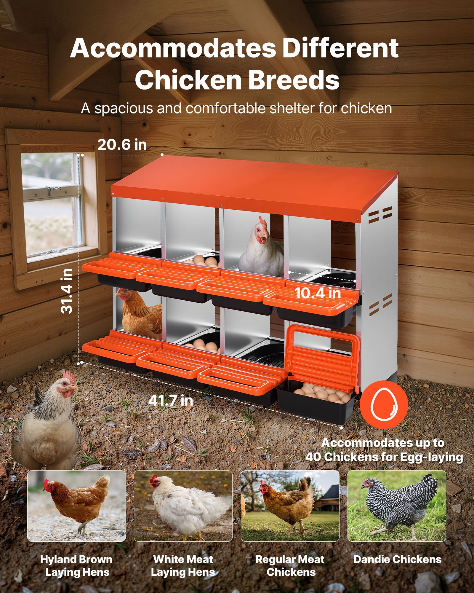 Spacious 8-Compartment Chicken Nest Box with Durable Galvanized Steel, Easy Clean Design, Inclined Nesting & Egg Collection Platform