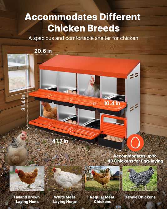 Spacious 8-Compartment Chicken Nest Box with Durable Galvanized Steel, Easy Clean Design, Inclined Nesting & Egg Collection Platform