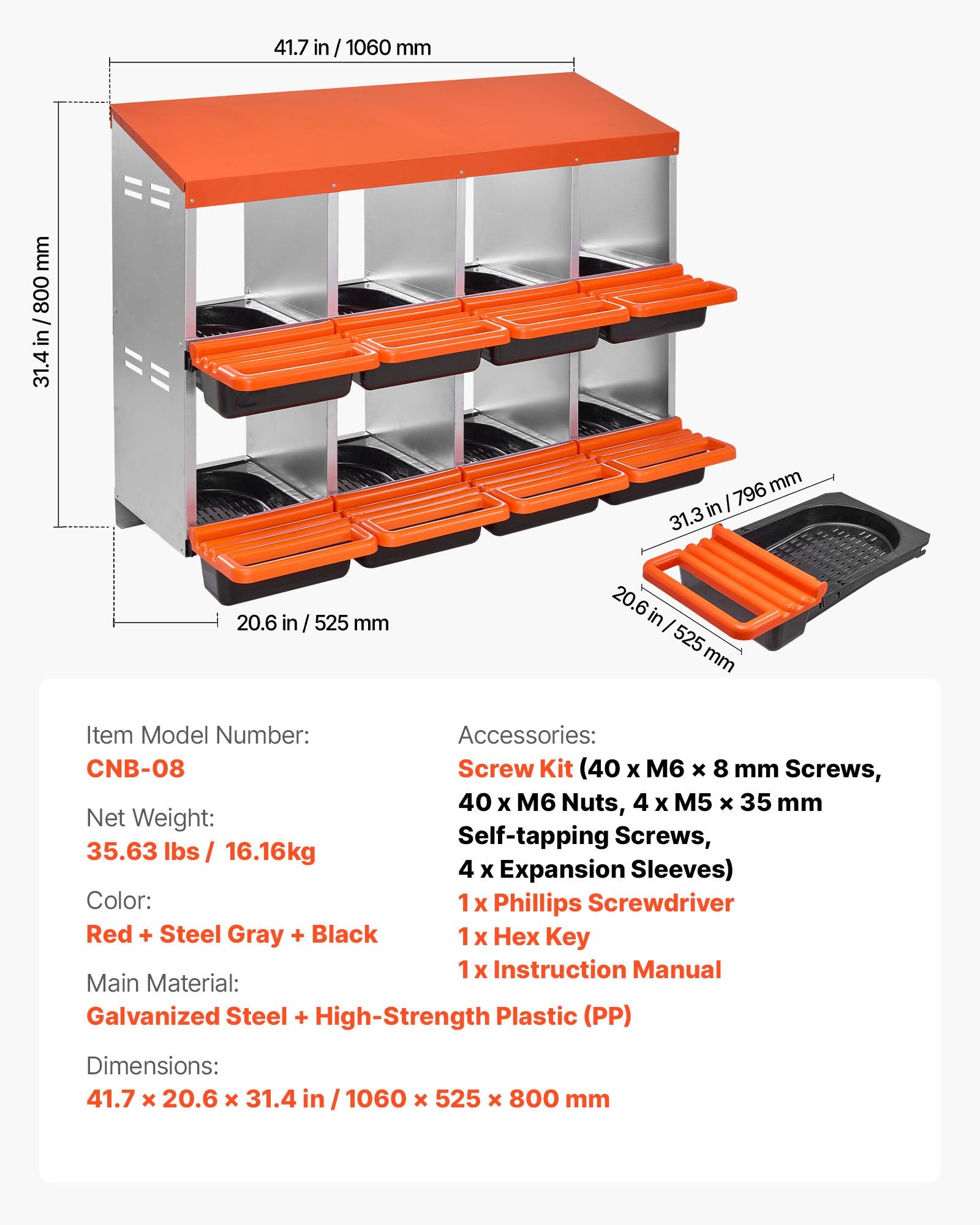 Spacious 8-Compartment Chicken Nest Box with Durable Galvanized Steel, Easy Clean Design, Inclined Nesting & Egg Collection Platform