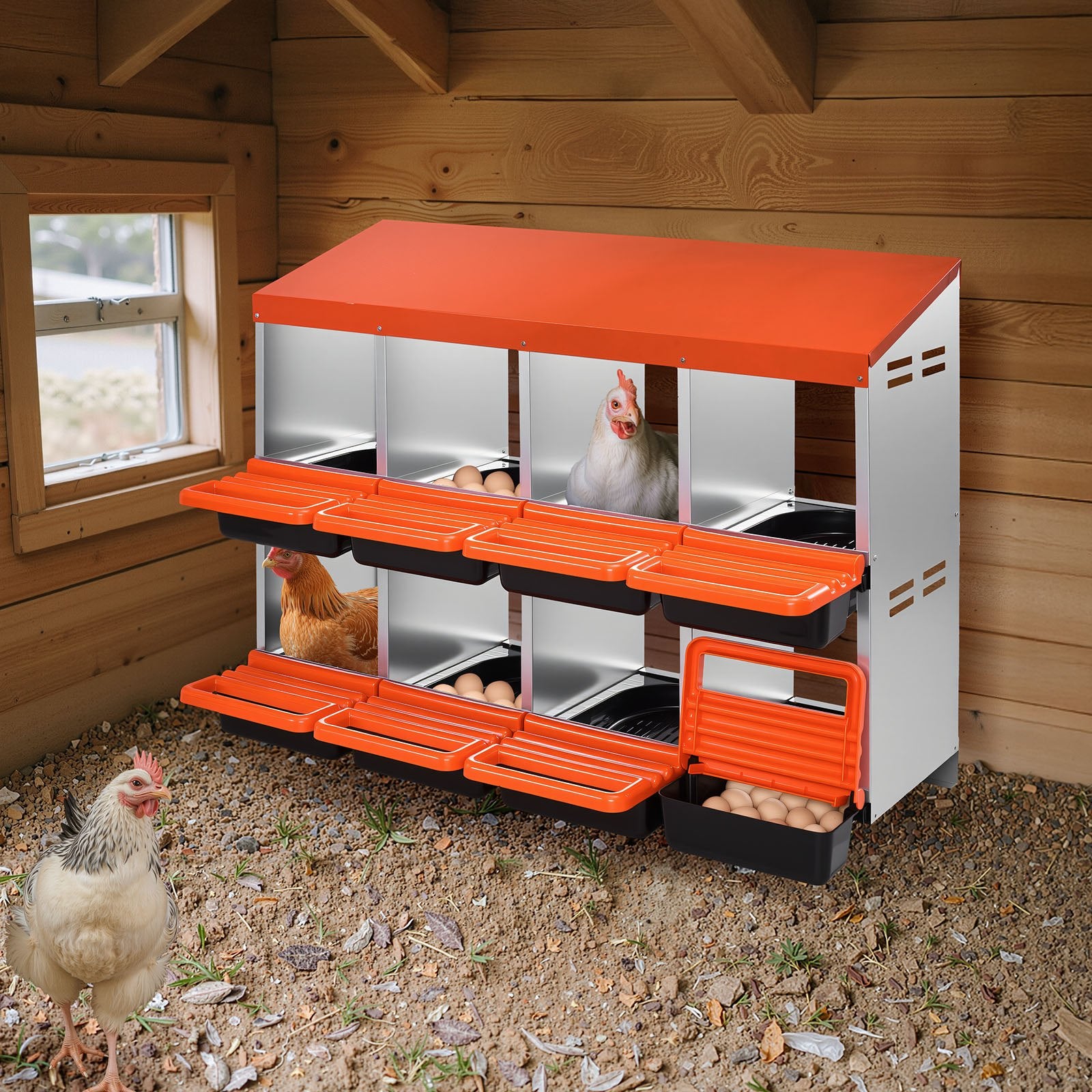Spacious 8-Compartment Chicken Nest Box with Durable Galvanized Steel, Easy Clean Design, Inclined Nesting & Egg Collection Platform