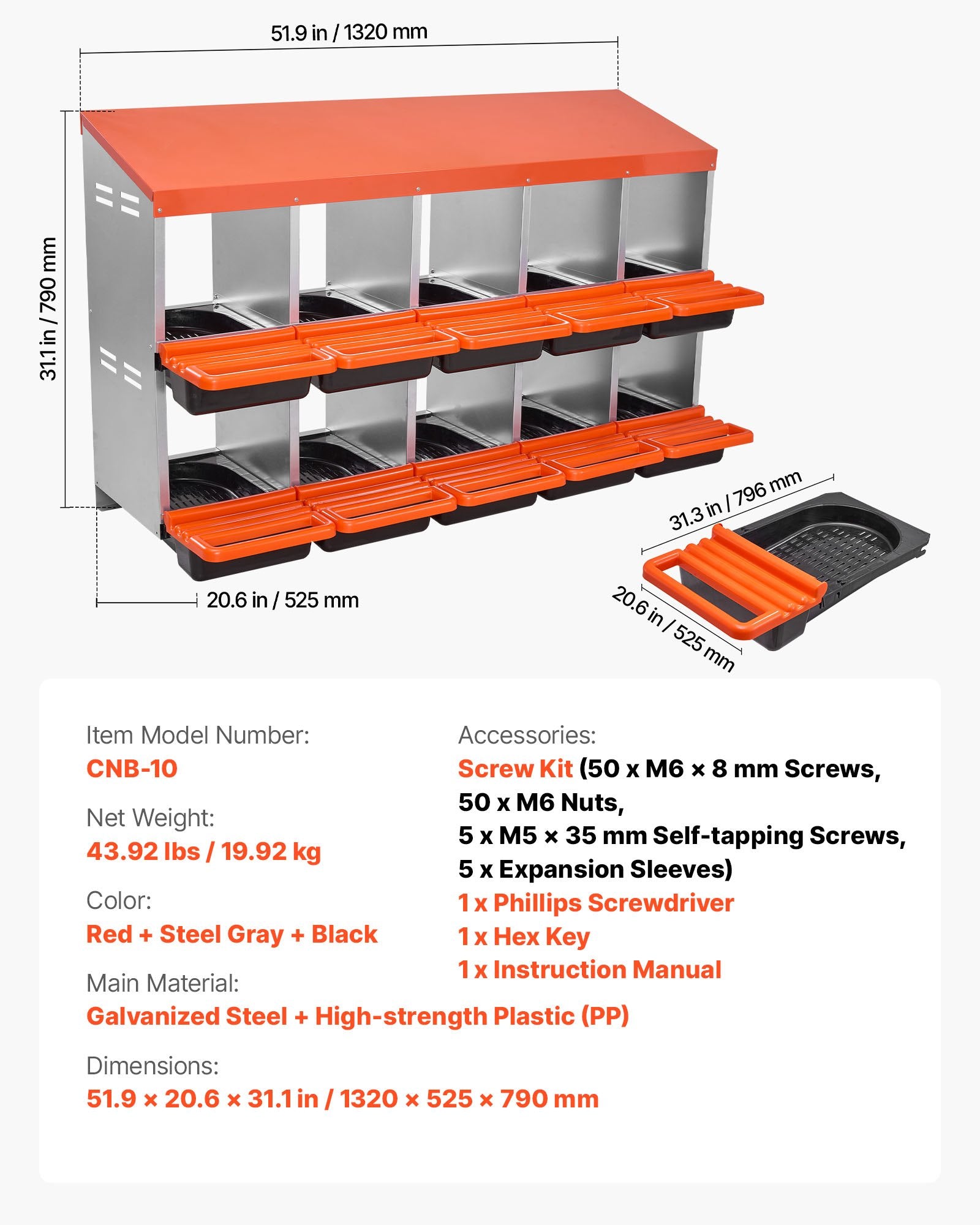 10-Compartment Chicken Nest Box, Corrosion-Resistant Metal, Easy-Clean Design with Inclined Boxes, Bottom Holes & Resting Platform for Various Breeds