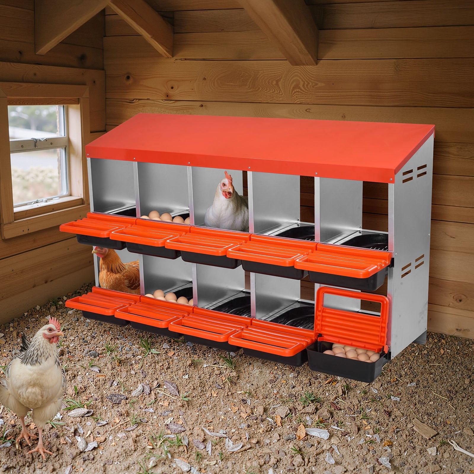 10-Compartment Chicken Nest Box, Corrosion-Resistant Metal, Easy-Clean Design with Inclined Boxes, Bottom Holes & Resting Platform for Various Breeds