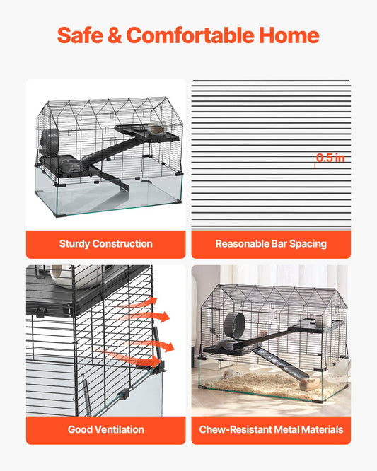 Transparent 360° Hamster Cage with Ventilation, Portable Habitat for Small Pets, Easy-to-Clean Glass & Metal Design, Includes Water Bottle