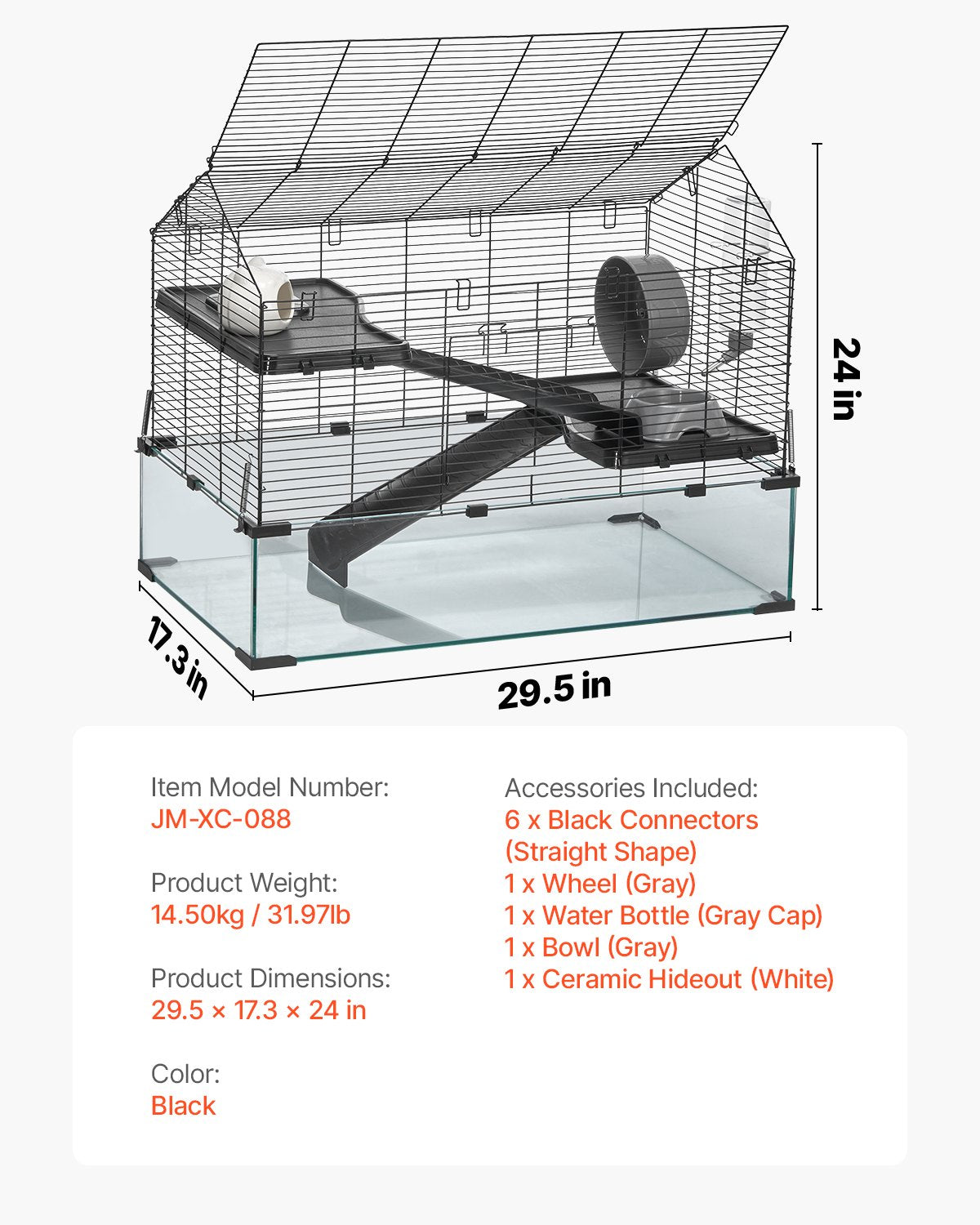 Transparent 360° Hamster Cage with Ventilation, Portable Habitat for Small Pets, Easy-to-Clean Glass & Metal Design, Includes Water Bottle