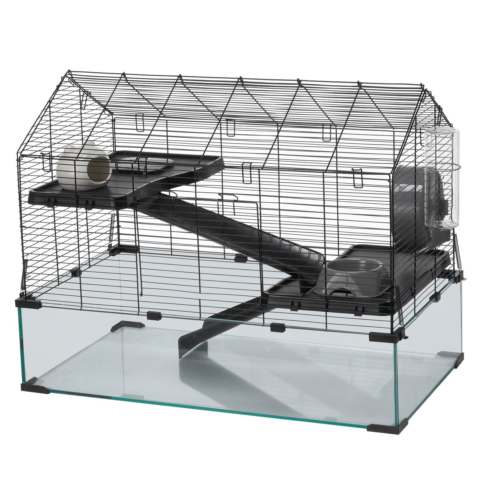 Transparent 360° Hamster Cage with Ventilation, Portable Habitat for Small Pets, Easy-to-Clean Glass & Metal Design, Includes Water Bottle