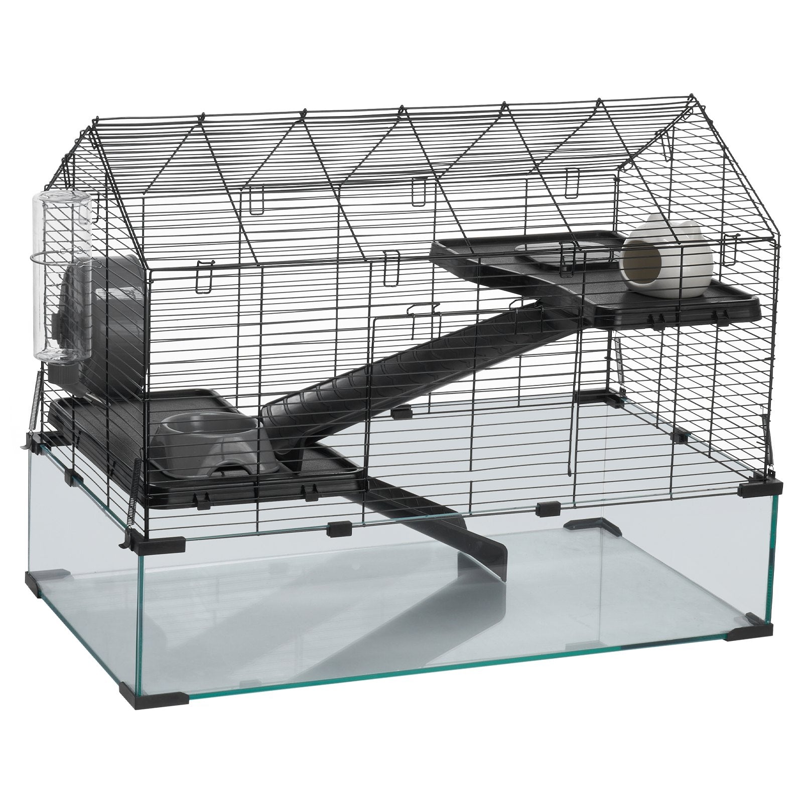 Transparent 360° Hamster Cage with Ventilation, Portable Habitat for Small Pets, Easy-to-Clean Glass & Metal Design, Includes Water Bottle