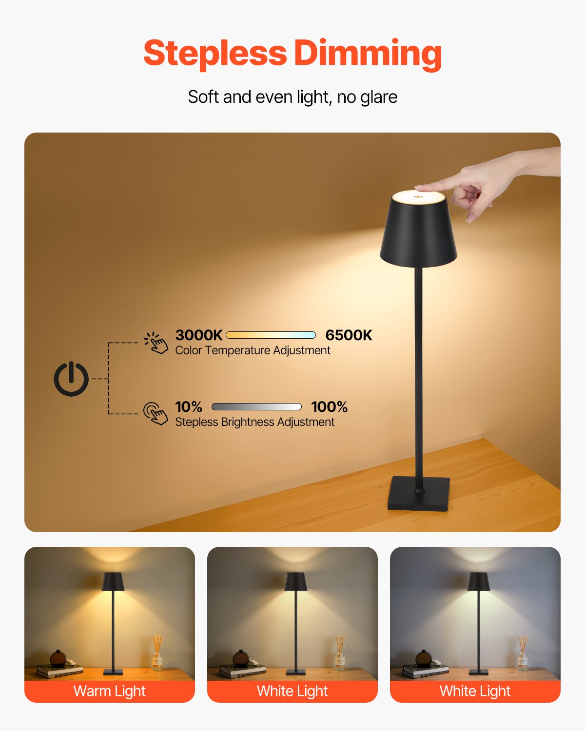 Cordless Table Lamp 2-Pack with 5200mAh Rechargeable Battery, Stepless Dimming, Adjustable Height & Detachable Lampshade for Versatile Use