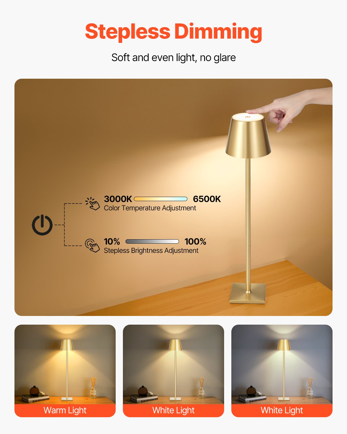 Gold Cordless Table Lamp Set, 5200mAh Rechargeable Battery, Stepless Dimming, Adjustable Heights, Versatile for Home & Outdoor Use