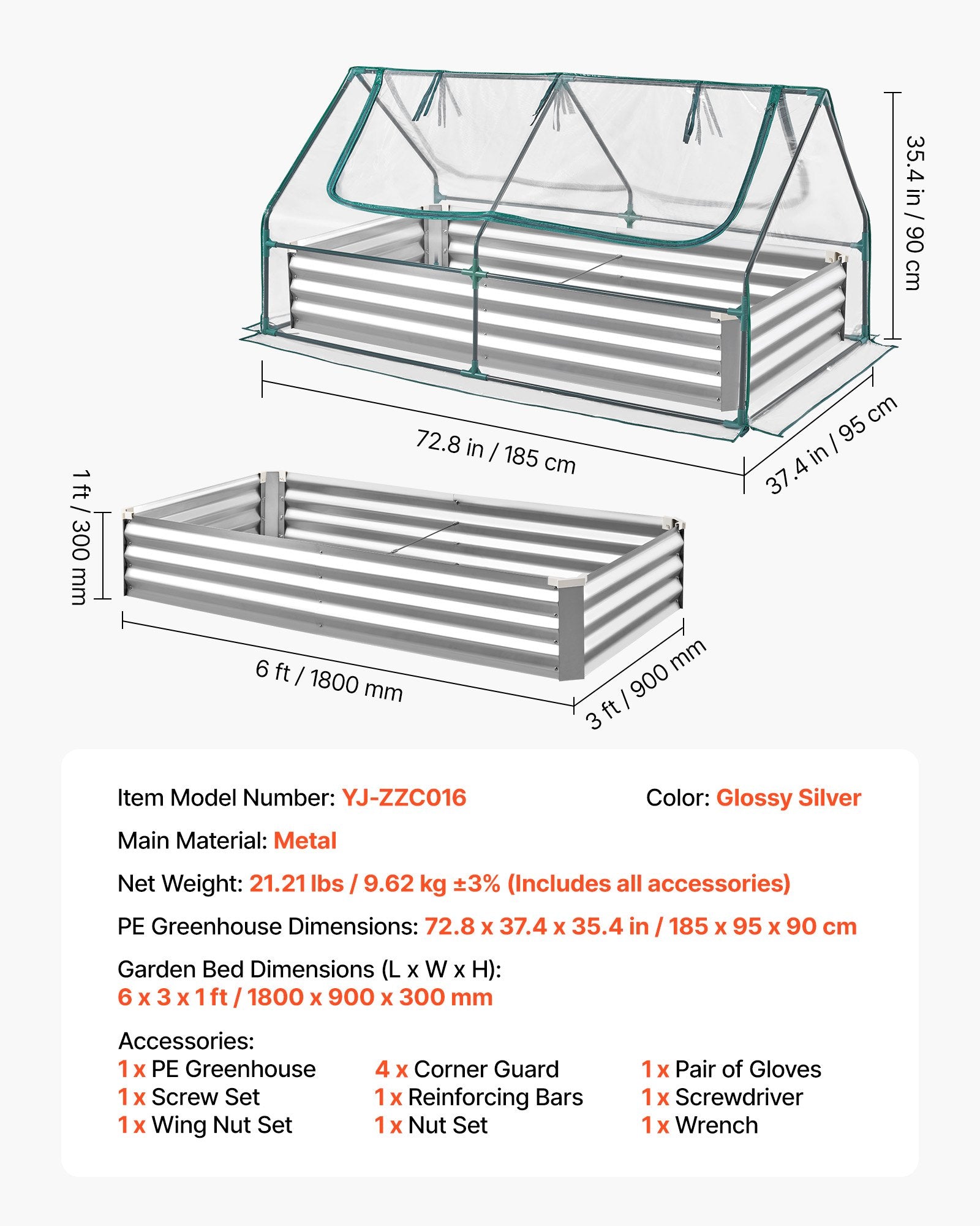 Spacious 6x3 ft Rectangular Galvanized Raised Garden Bed Kit with PE Greenhouse Cover & Gloves, Rustproof Alu-Zinc for Vegetables & Flowers