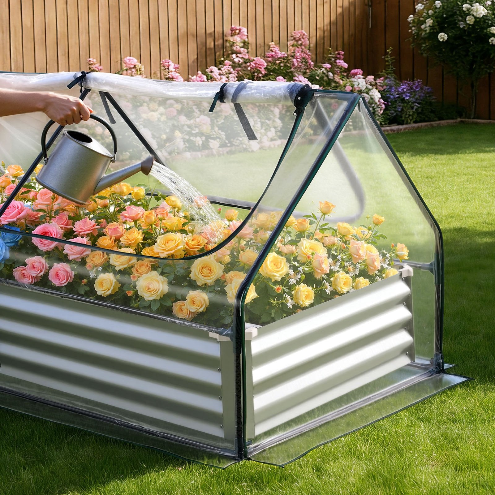 Spacious 6x3 ft Rectangular Galvanized Raised Garden Bed Kit with PE Greenhouse Cover & Gloves, Rustproof Alu-Zinc for Vegetables & Flowers