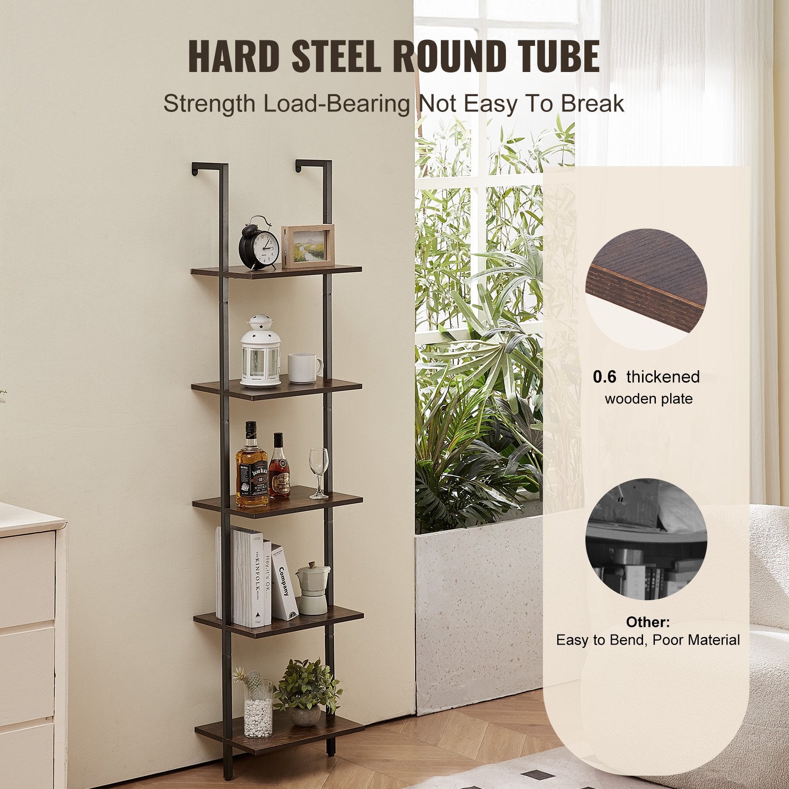 5-Tier Ladder Bookshelf with Metal Frame – Wall-Mounted Storage Rack for Kitchen, Bedroom, Bathroom, Living Room – Black, Easy Installation & Durable Design