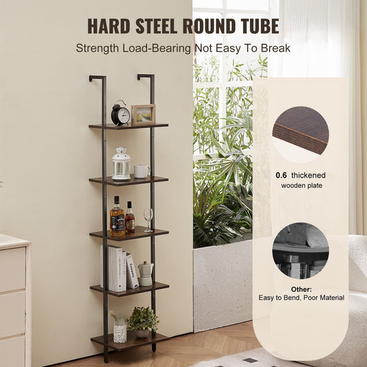 5-Tier Ladder Bookshelf with Metal Frame – Wall-Mounted Storage Rack for Kitchen, Bedroom, Bathroom, Living Room – Black, Easy Installation & Durable Design