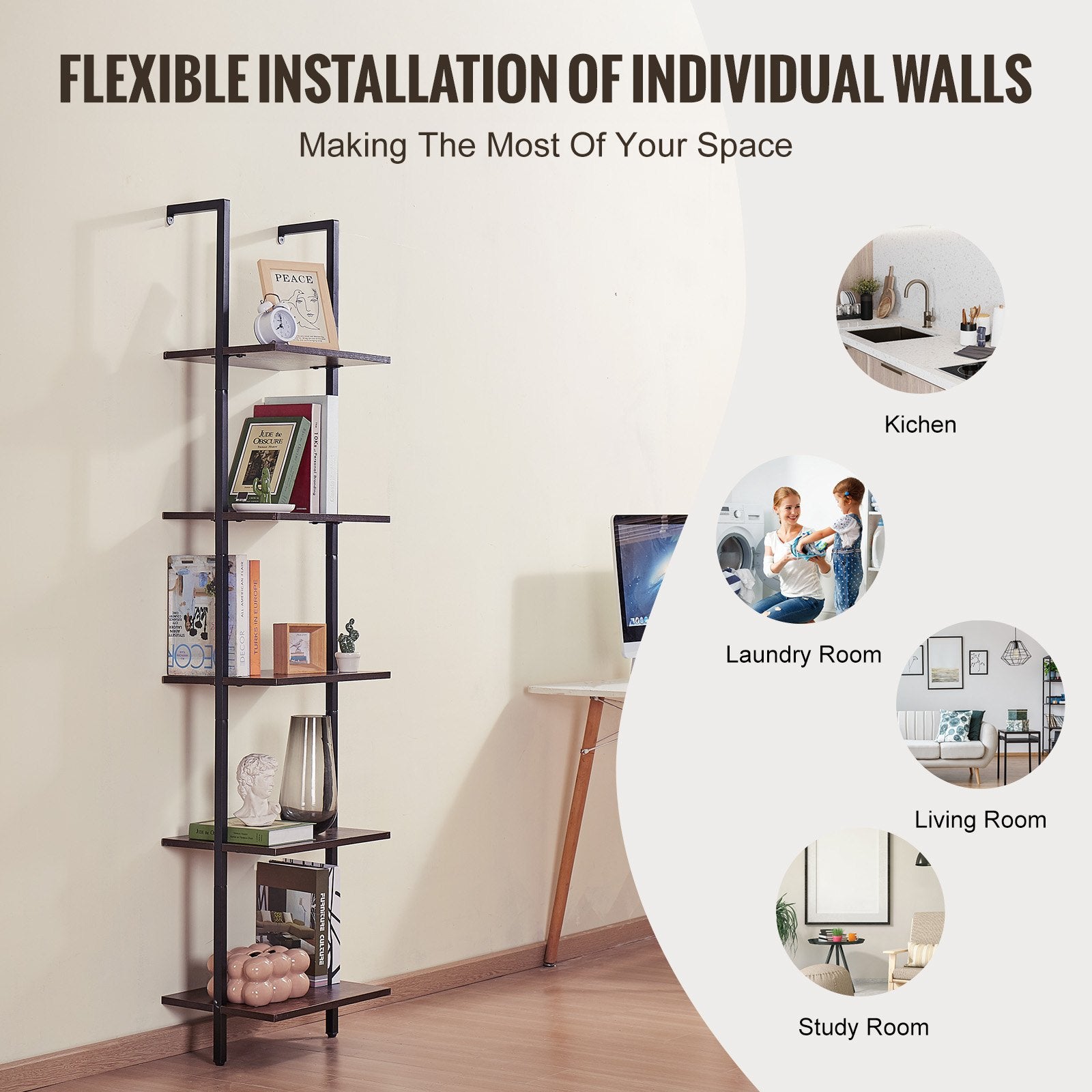 5-Tier Ladder Bookshelf with Metal Frame – Wall-Mounted Storage Rack for Kitchen, Bedroom, Bathroom, Living Room – Black, Easy Installation & Durable Design