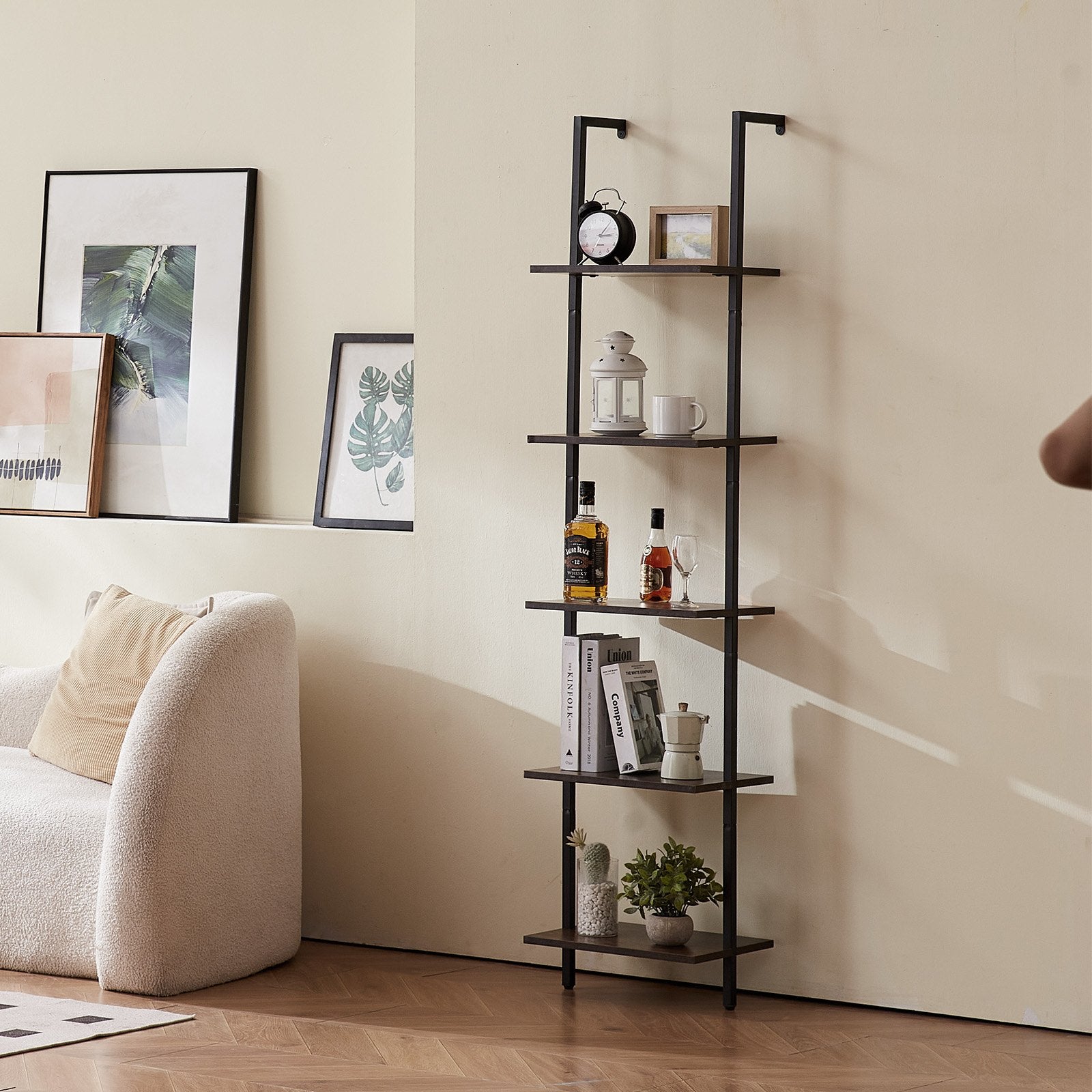 5-Tier Ladder Bookshelf with Metal Frame – Wall-Mounted Storage Rack for Kitchen, Bedroom, Bathroom, Living Room – Black, Easy Installation & Durable Design