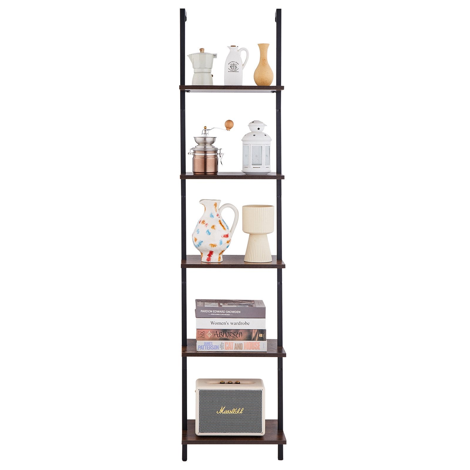 5-Tier Ladder Bookshelf with Metal Frame – Wall-Mounted Storage Rack for Kitchen, Bedroom, Bathroom, Living Room – Black, Easy Installation & Durable Design