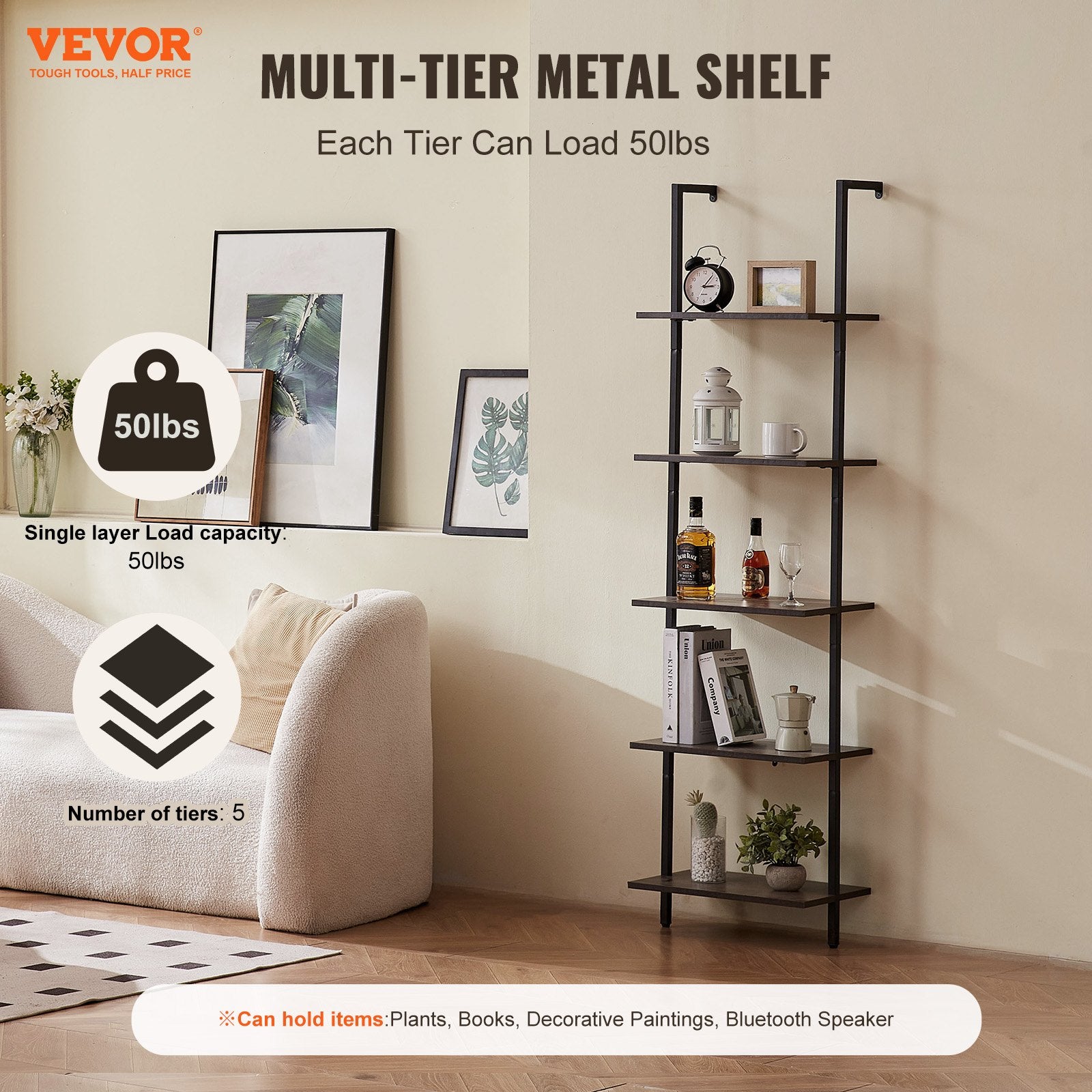 5-Tier Wall-Mounted Ladder Shelf for Kitchen, Bedroom, Bathroom, Living Room - Durable Metal Frame, Easy Assembly, Black Storage Rack