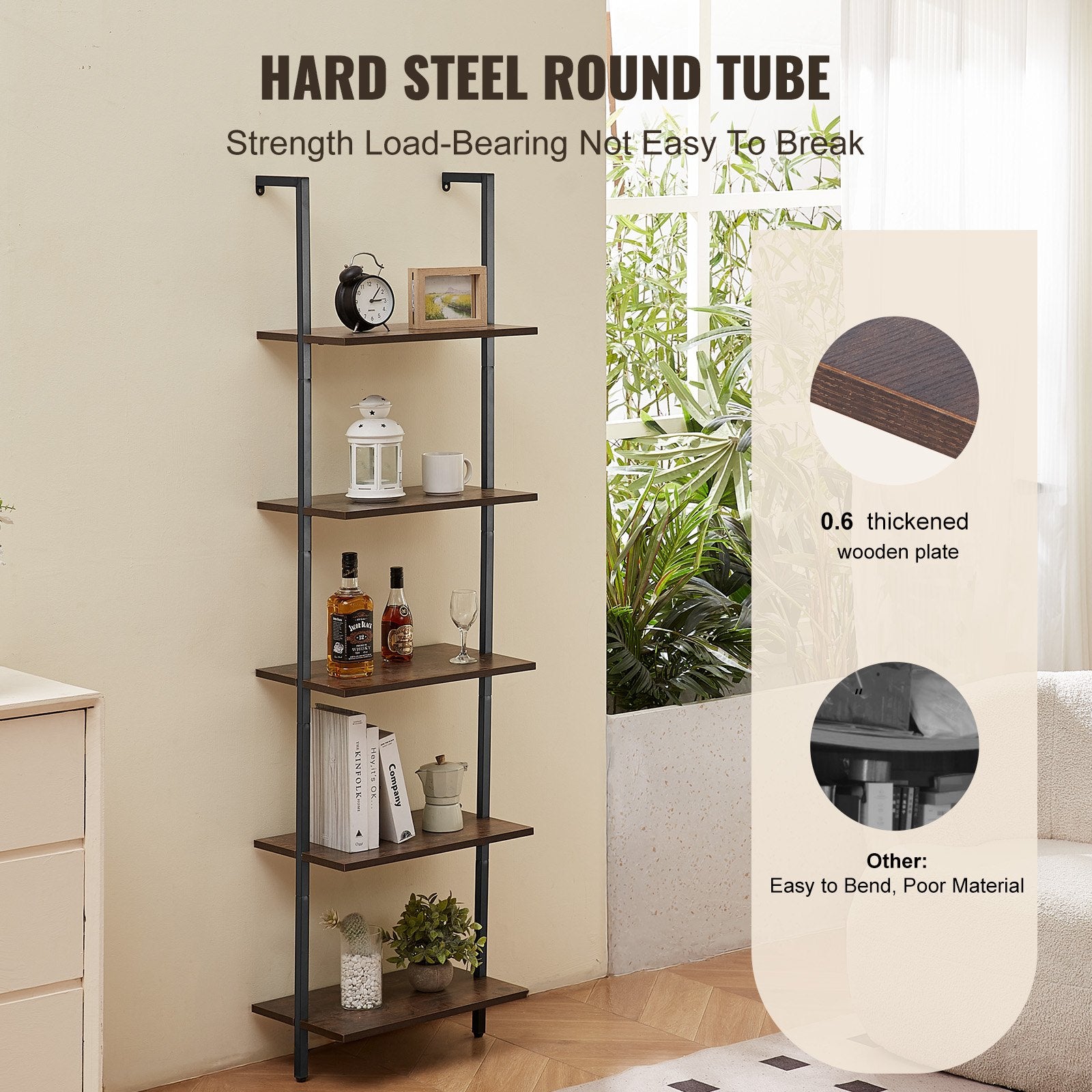 5-Tier Wall-Mounted Ladder Shelf for Kitchen, Bedroom, Bathroom, Living Room - Durable Metal Frame, Easy Assembly, Black Storage Rack