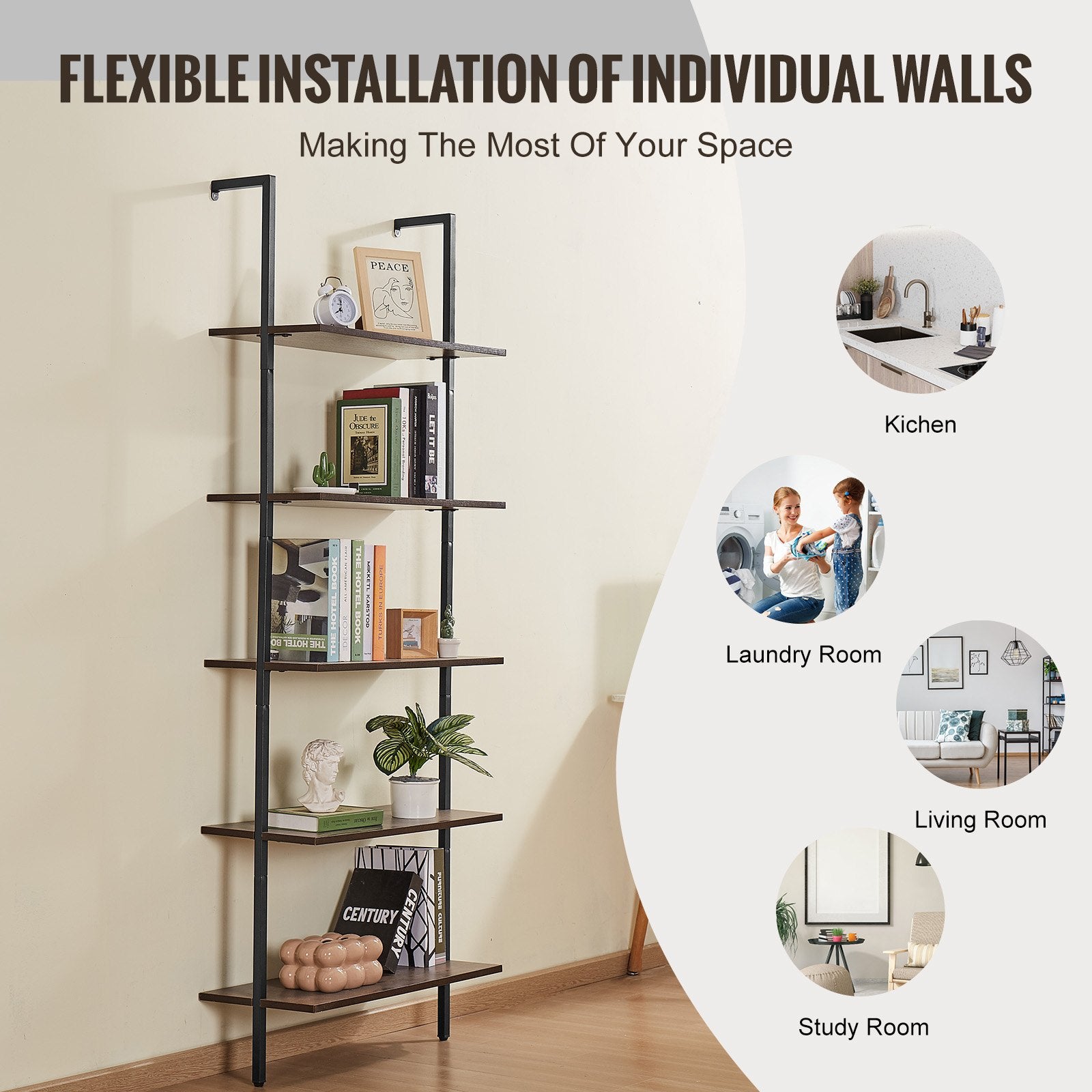 5-Tier Wall-Mounted Ladder Shelf for Kitchen, Bedroom, Bathroom, Living Room - Durable Metal Frame, Easy Assembly, Black Storage Rack