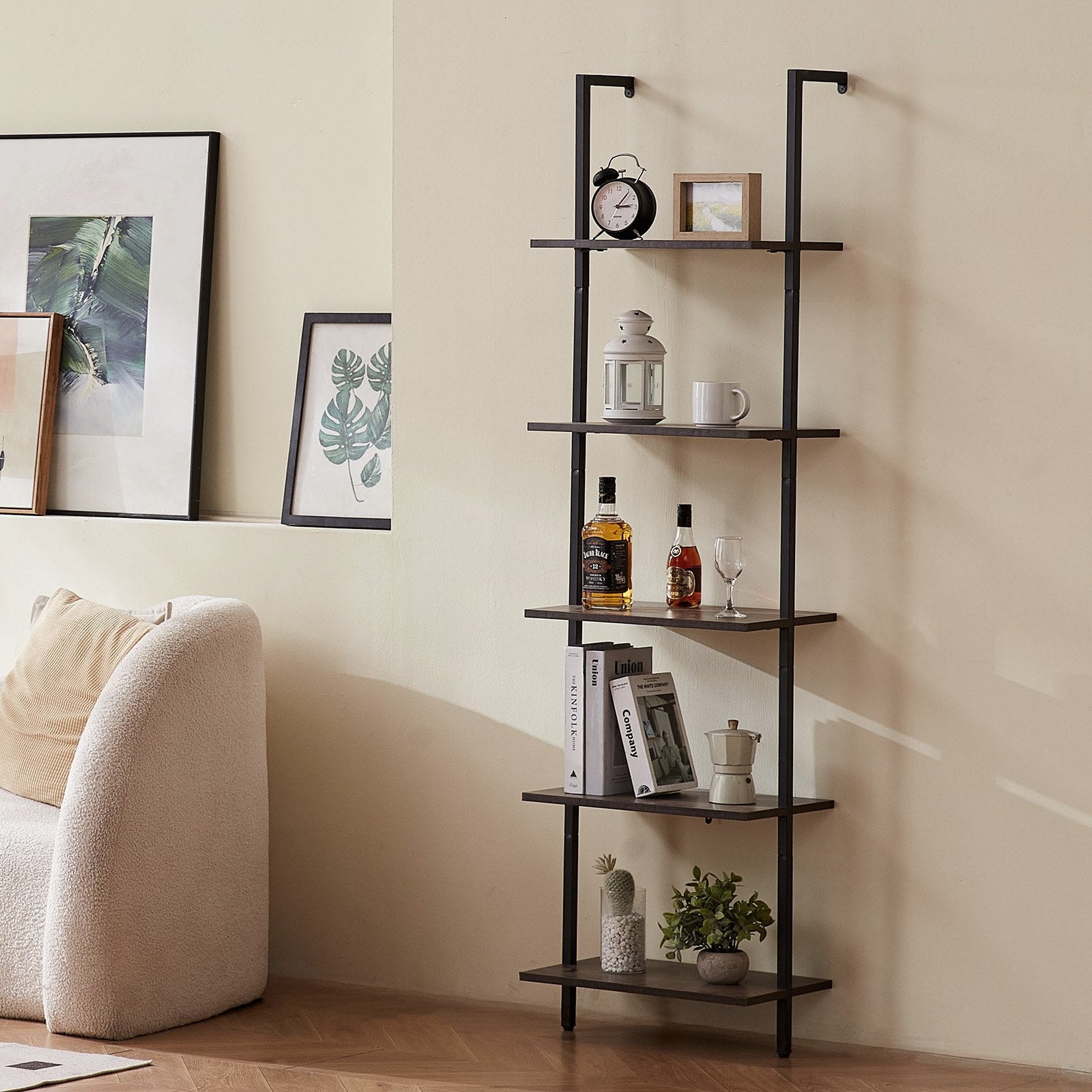 5-Tier Wall-Mounted Ladder Shelf for Kitchen, Bedroom, Bathroom, Living Room - Durable Metal Frame, Easy Assembly, Black Storage Rack