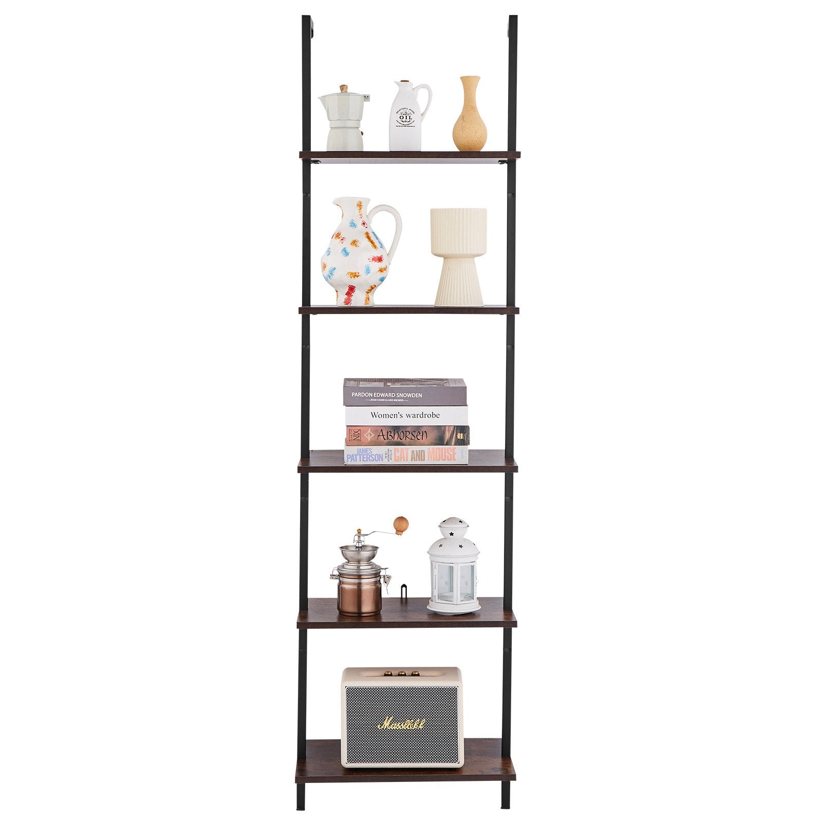 5-Tier Wall-Mounted Ladder Shelf for Kitchen, Bedroom, Bathroom, Living Room - Durable Metal Frame, Easy Assembly, Black Storage Rack