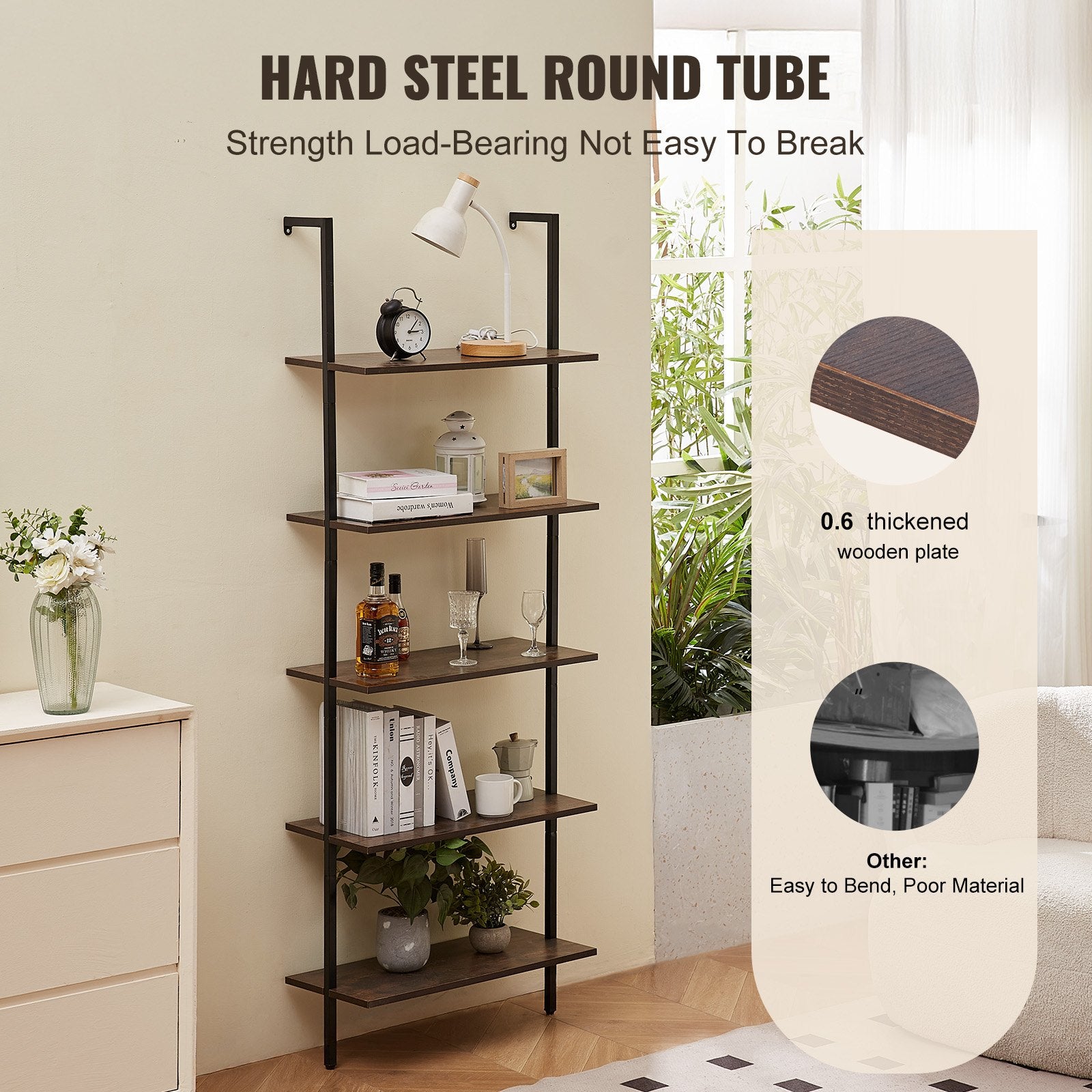 5-Tier Wall-Mounted Ladder Shelf with Metal Frame - Versatile Storage Rack for Kitchen, Bedroom, Bathroom, Living Room, Black, 24x11.8in