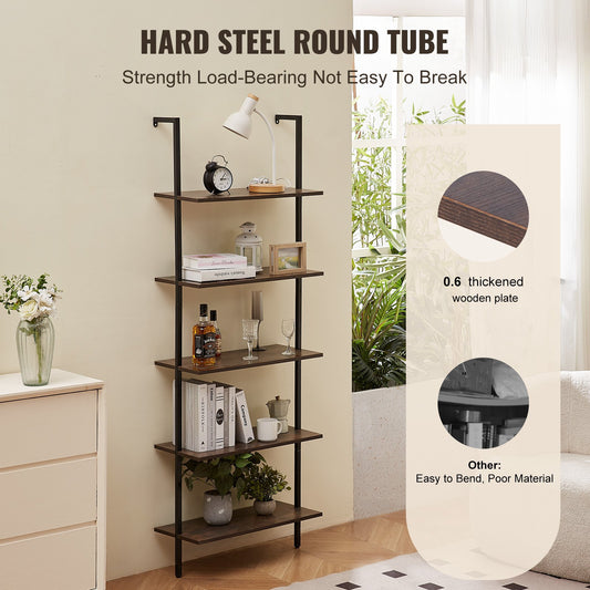 5-Tier Wall-Mounted Ladder Shelf with Metal Frame - Versatile Storage Rack for Kitchen, Bedroom, Bathroom, Living Room, Black, 24x11.8in