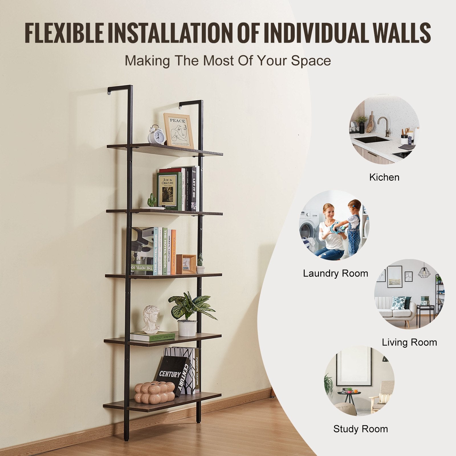 5-Tier Wall-Mounted Ladder Shelf with Metal Frame - Versatile Storage Rack for Kitchen, Bedroom, Bathroom, Living Room, Black, 24x11.8in