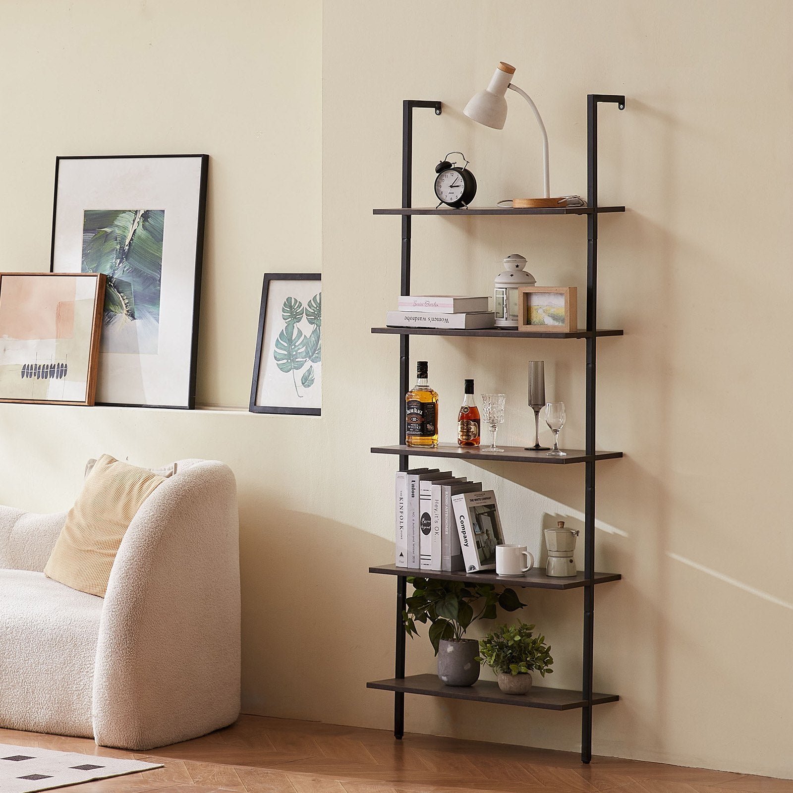 5-Tier Wall-Mounted Ladder Shelf with Metal Frame - Versatile Storage Rack for Kitchen, Bedroom, Bathroom, Living Room, Black, 24x11.8in