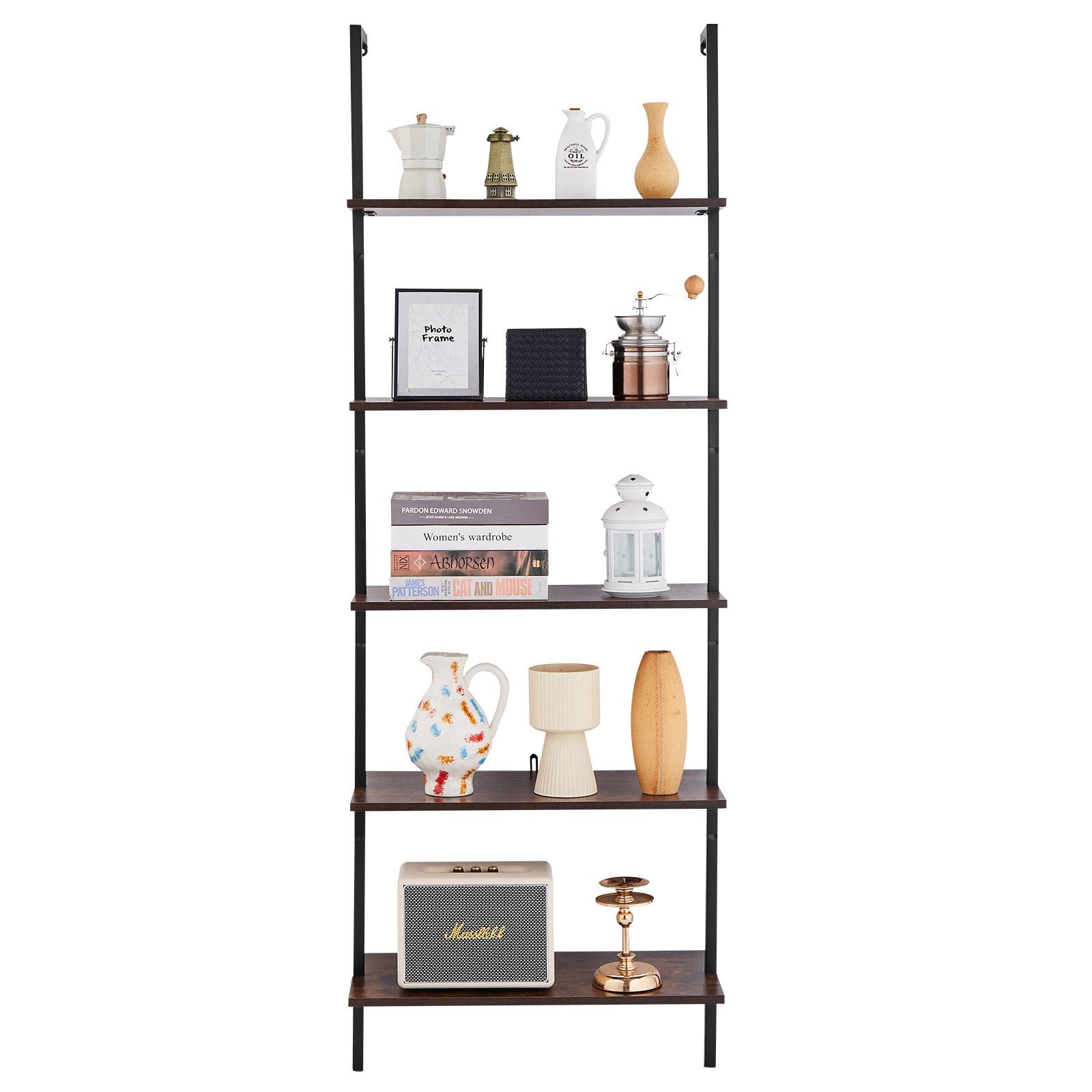5-Tier Wall-Mounted Ladder Shelf with Metal Frame - Versatile Storage Rack for Kitchen, Bedroom, Bathroom, Living Room, Black, 24x11.8in