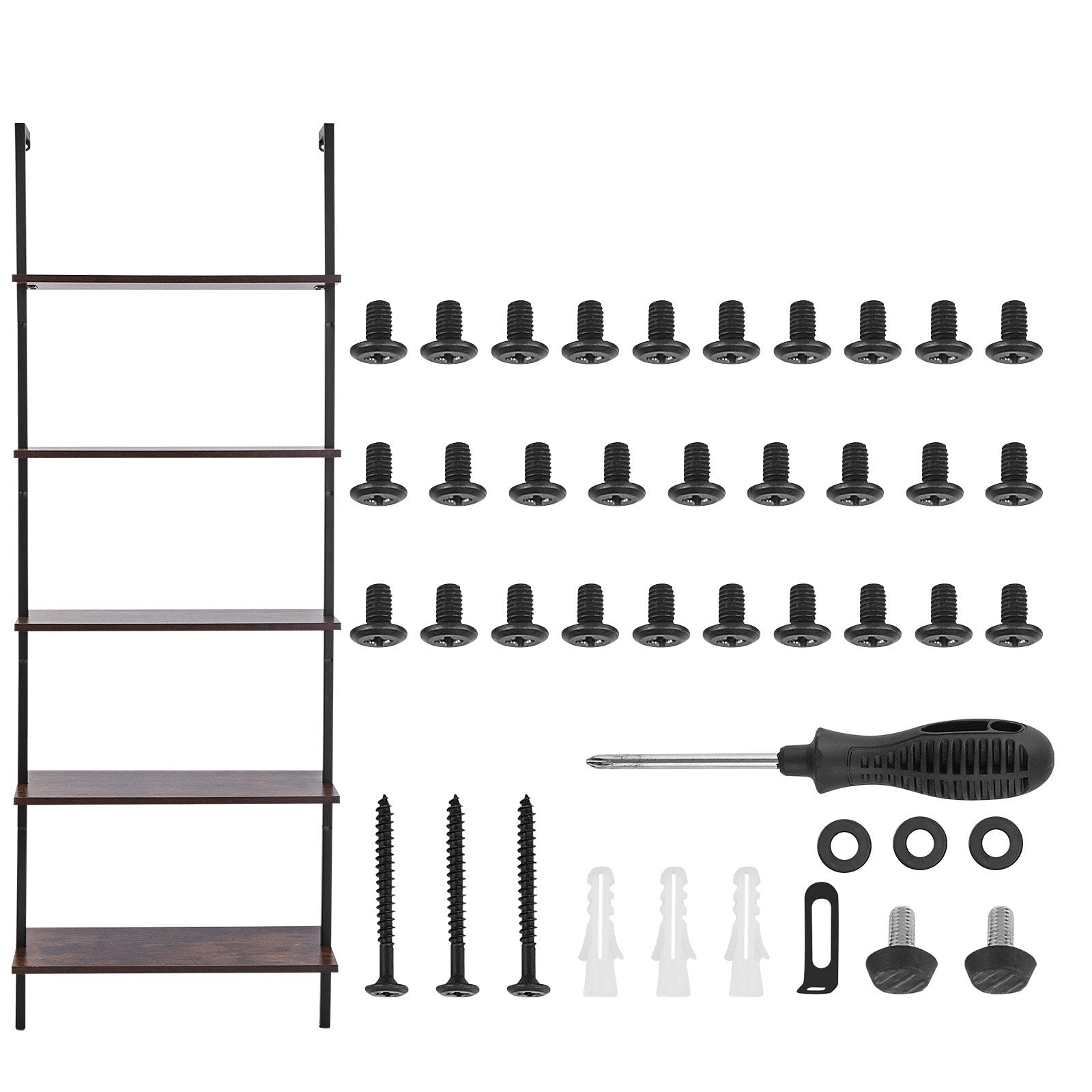 5-Tier Wall-Mounted Ladder Shelf with Metal Frame - Versatile Storage Rack for Kitchen, Bedroom, Bathroom, Living Room, Black, 24x11.8in