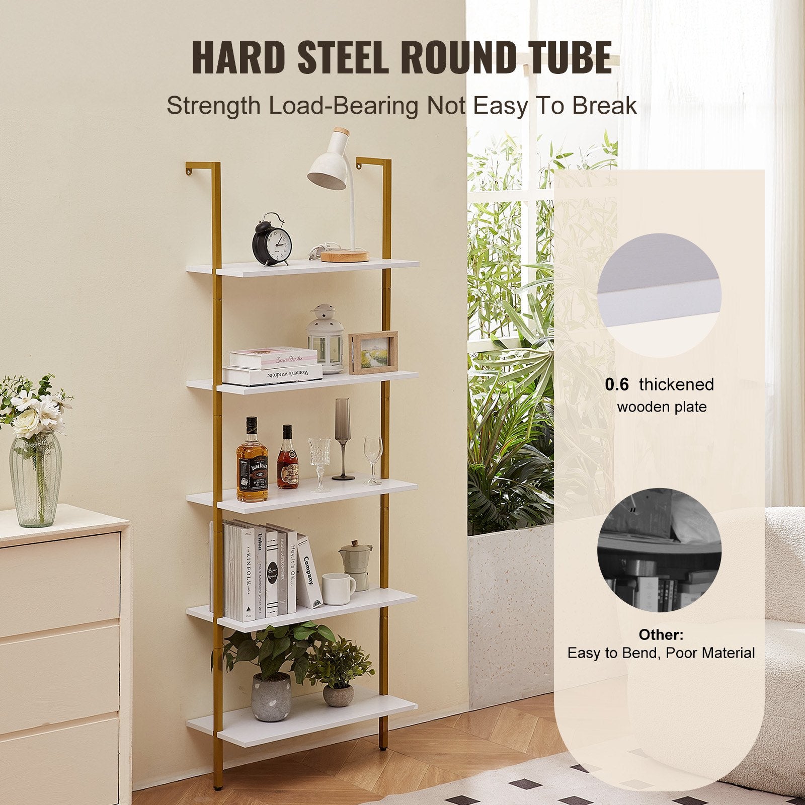 5-Tier Wall-Mounted Ladder Shelf with Metal Frame, 24x11.8in Storage Rack for Kitchen, Bedroom, Bathroom, Living Room - Gold White Finish