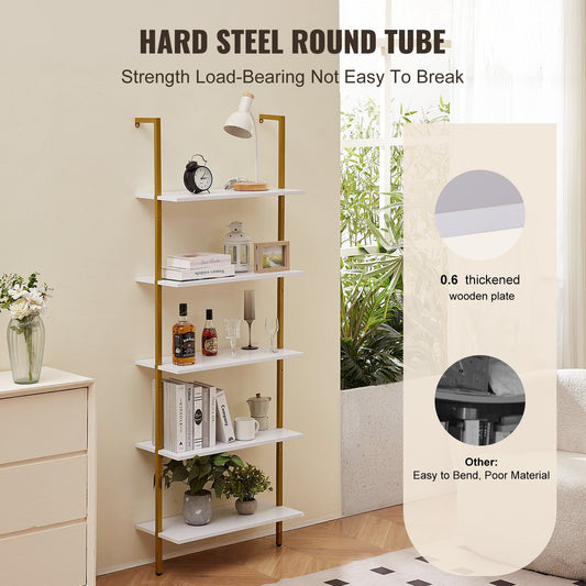 5-Tier Wall-Mounted Ladder Shelf with Metal Frame, 24x11.8in Storage Rack for Kitchen, Bedroom, Bathroom, Living Room - Gold White Finish