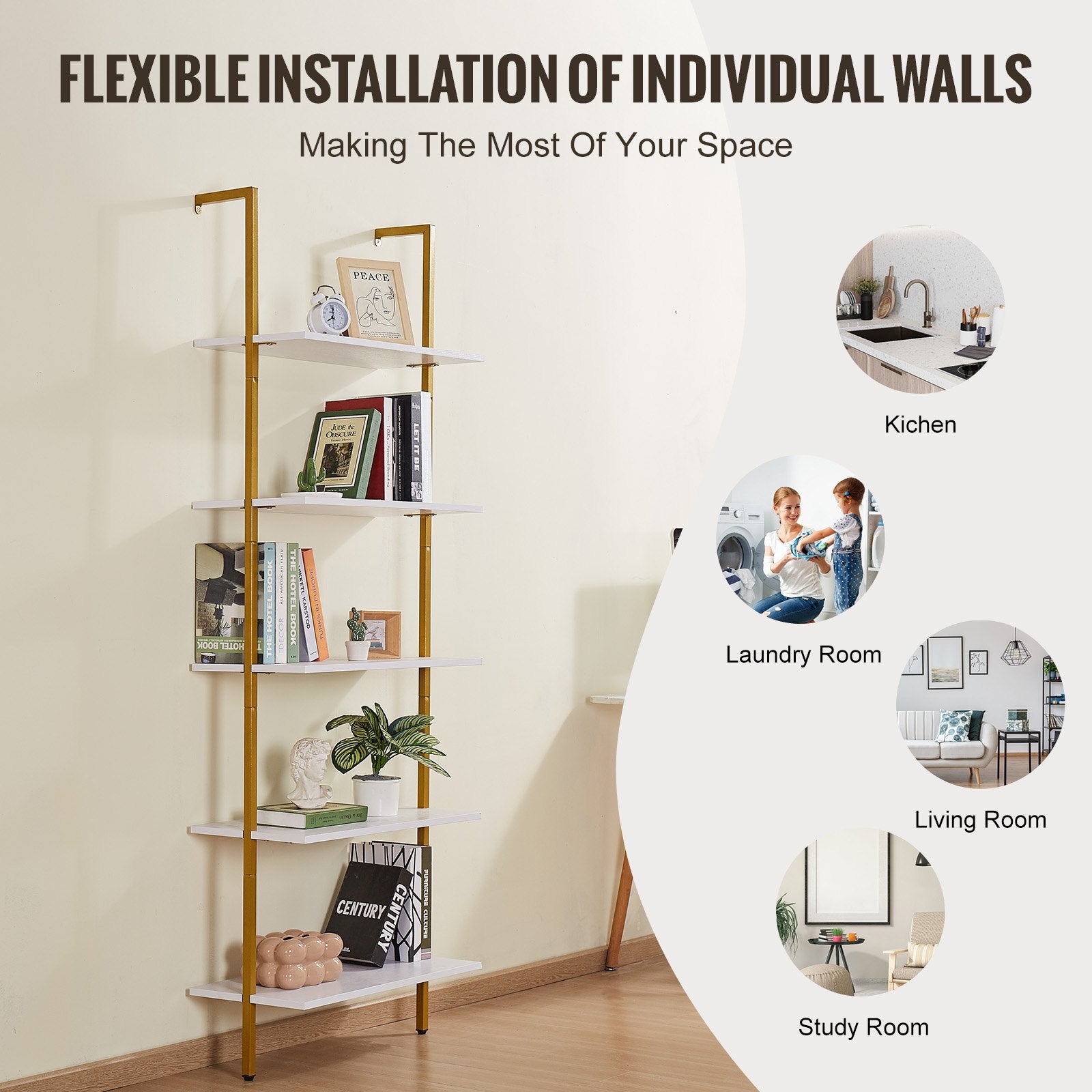 5-Tier Wall-Mounted Ladder Shelf with Metal Frame, 24x11.8in Storage Rack for Kitchen, Bedroom, Bathroom, Living Room - Gold White Finish