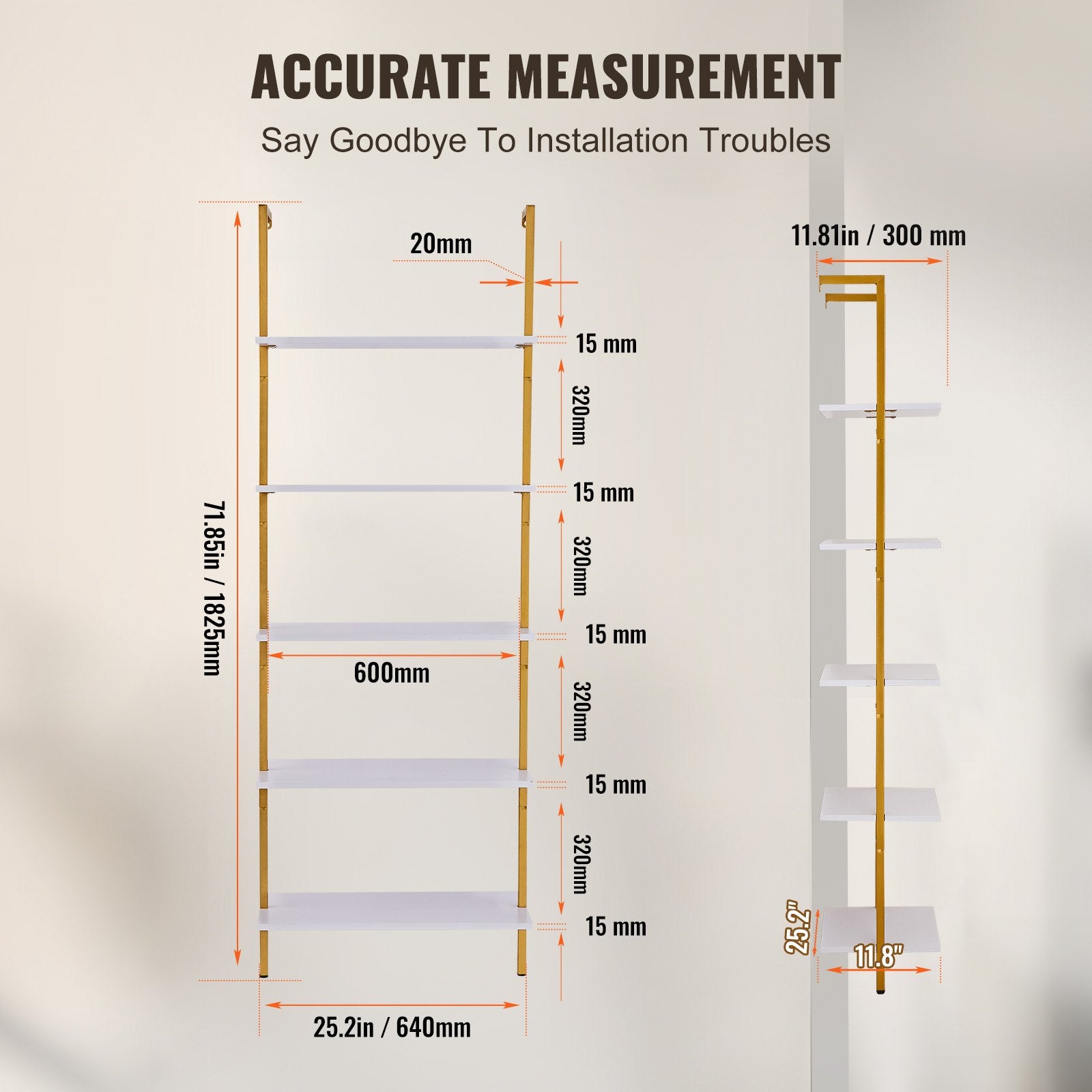 5-Tier Wall-Mounted Ladder Shelf with Metal Frame, 24x11.8in Storage Rack for Kitchen, Bedroom, Bathroom, Living Room - Gold White Finish