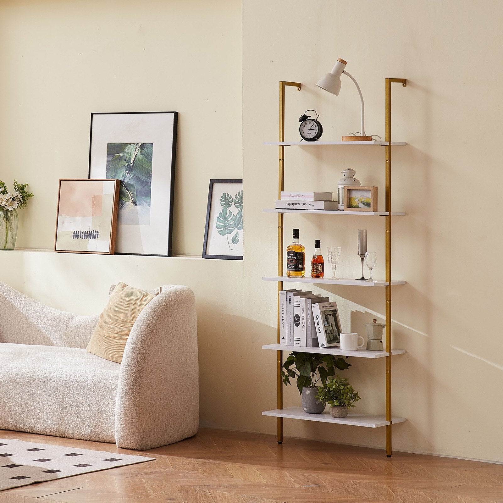 5-Tier Wall-Mounted Ladder Shelf with Metal Frame, 24x11.8in Storage Rack for Kitchen, Bedroom, Bathroom, Living Room - Gold White Finish