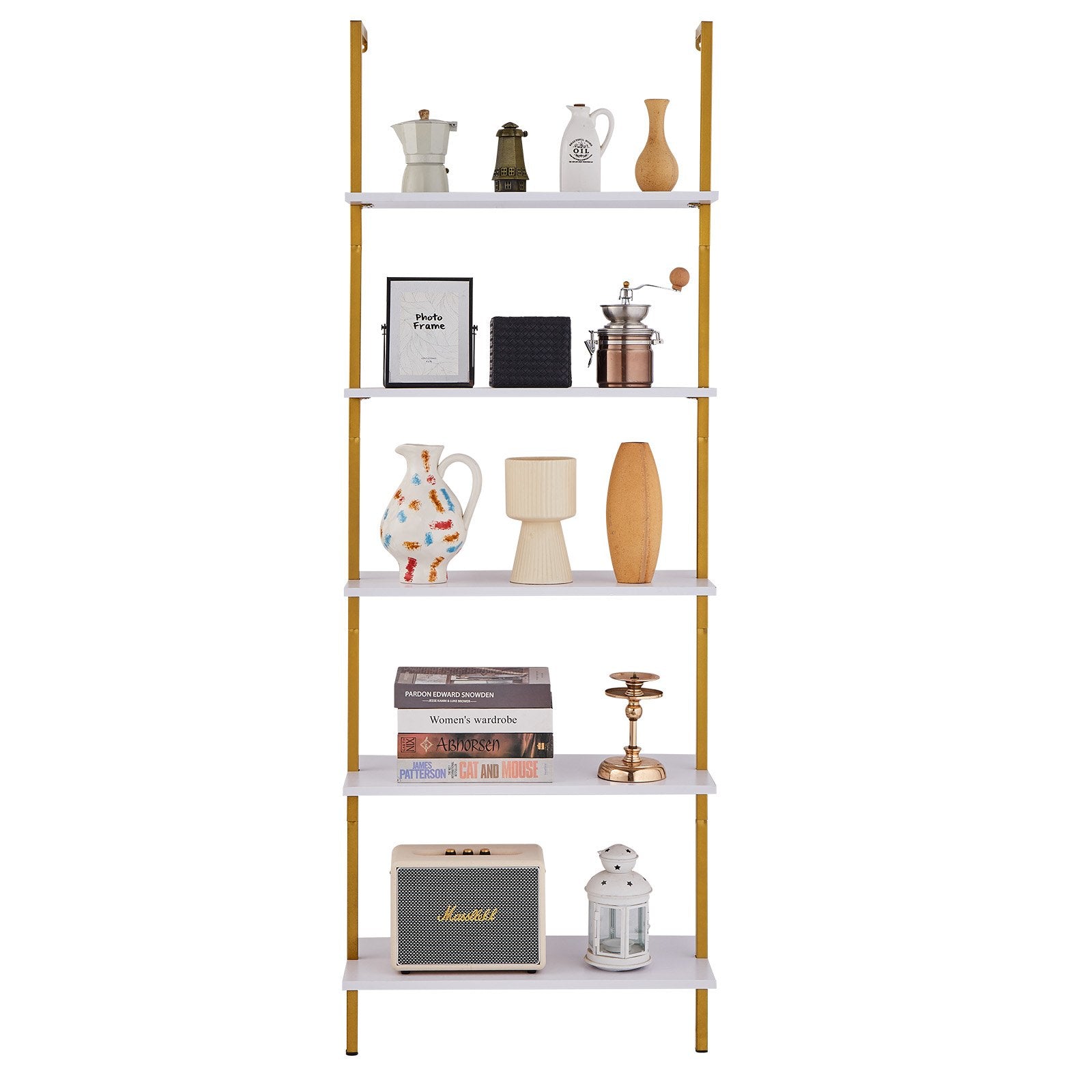 5-Tier Wall-Mounted Ladder Shelf with Metal Frame, 24x11.8in Storage Rack for Kitchen, Bedroom, Bathroom, Living Room - Gold White Finish