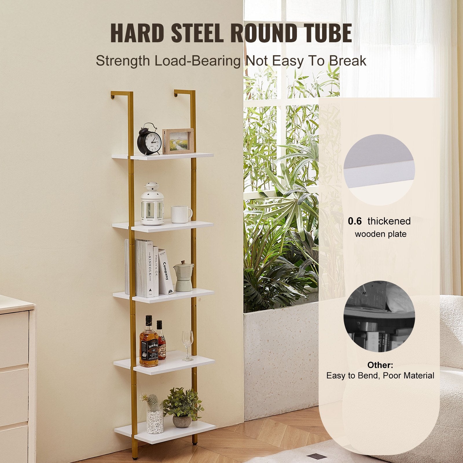 5-Tier Gold White Ladder Shelf with Metal Frame - Wall-Mounted Bookshelf for Kitchen, Bedroom, Bathroom, Living Room Storage Solution