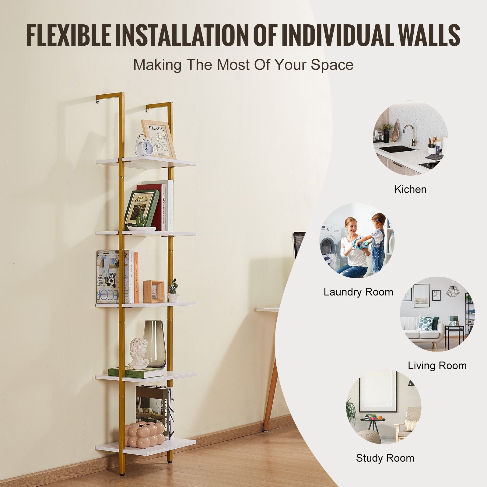 5-Tier Gold White Ladder Shelf with Metal Frame - Wall-Mounted Bookshelf for Kitchen, Bedroom, Bathroom, Living Room Storage Solution