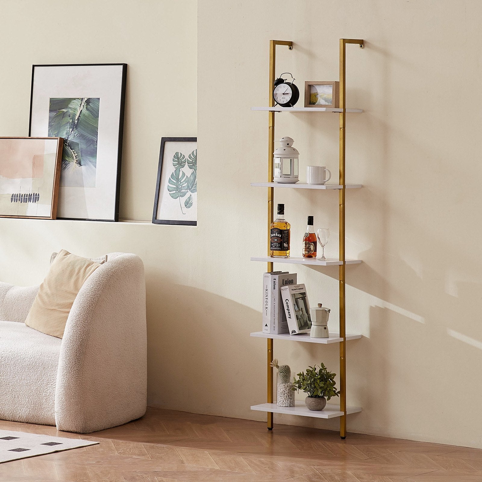 5-Tier Gold White Ladder Shelf with Metal Frame - Wall-Mounted Bookshelf for Kitchen, Bedroom, Bathroom, Living Room Storage Solution