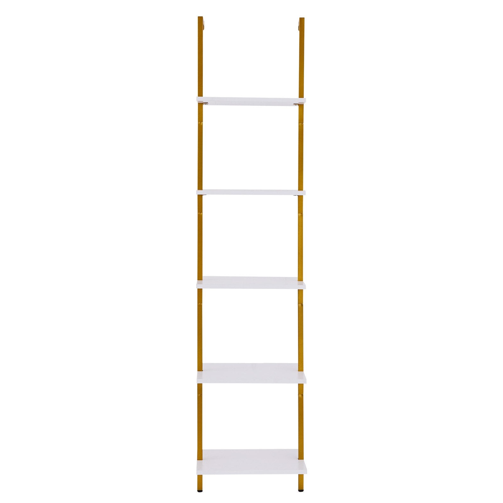 5-Tier Gold White Ladder Shelf with Metal Frame - Wall-Mounted Bookshelf for Kitchen, Bedroom, Bathroom, Living Room Storage Solution