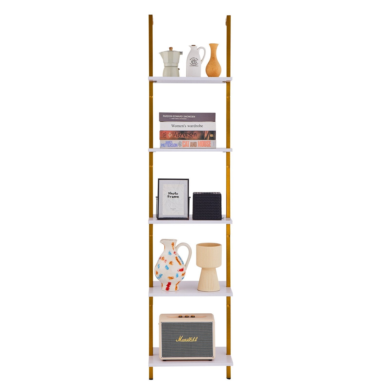 5-Tier Gold White Ladder Shelf with Metal Frame - Wall-Mounted Bookshelf for Kitchen, Bedroom, Bathroom, Living Room Storage Solution